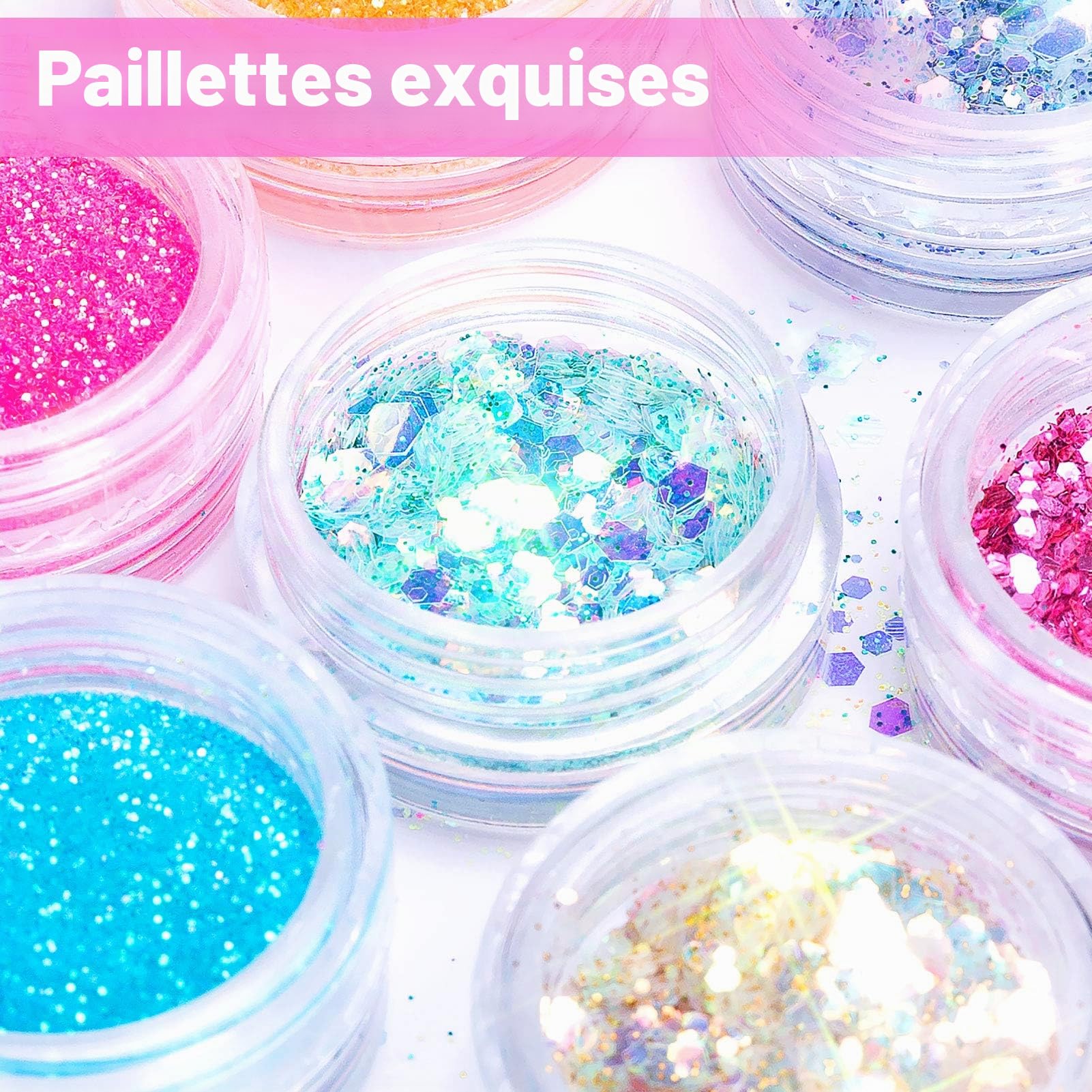 MELLIEX 24 Pièces Paillettes Ongles Set, Poudre Pailletée Holographique Paillette Maquillage pour Festival Visage Corps Ongles Nail Art Decoration, avec Outils de Pinceaux