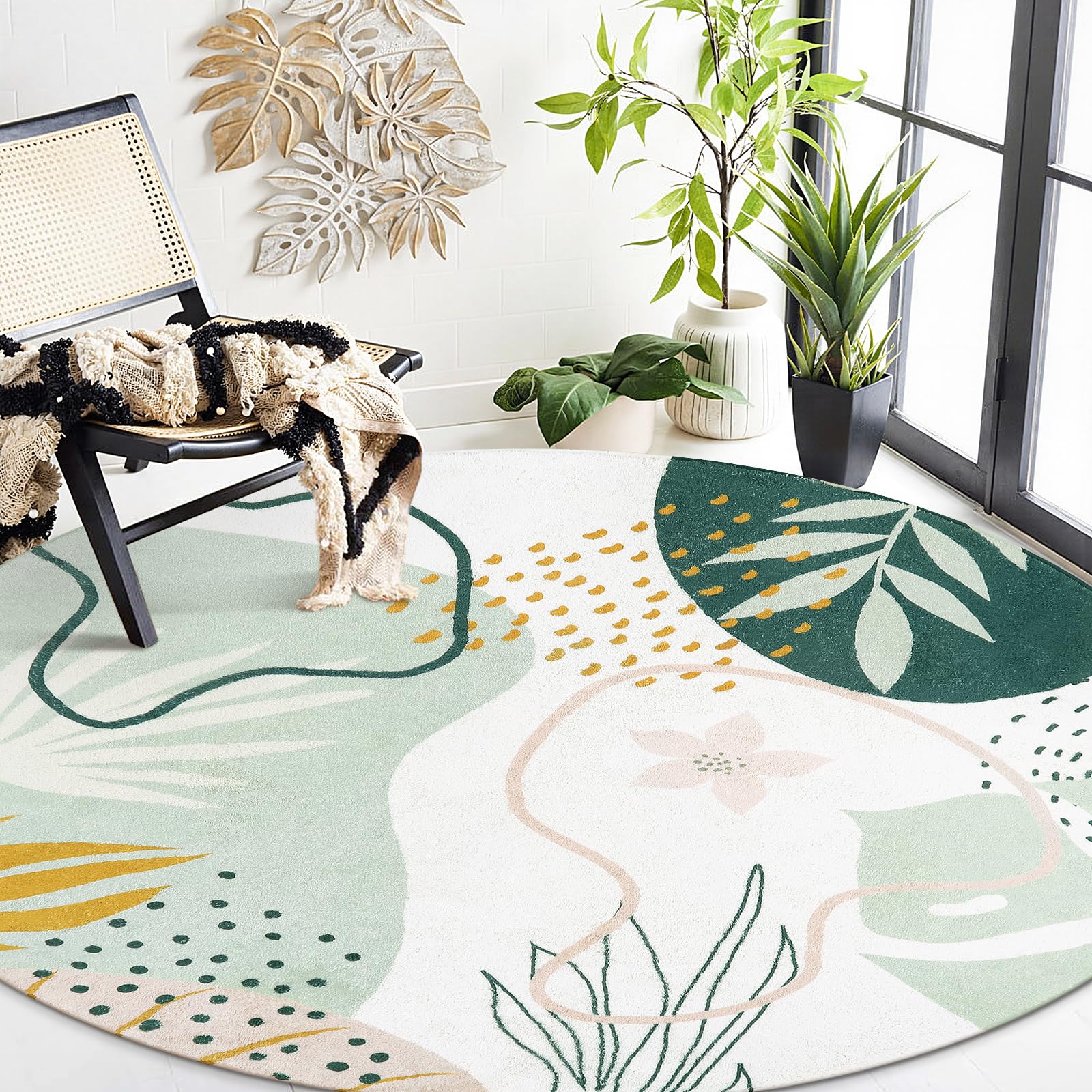 Lahome Green Washable Round Rug - 7Ft Round Area Rug for Living Room Throw Soft Boho Round Rug Large Non-Slip Round Dining Room Rug, Botanical Print