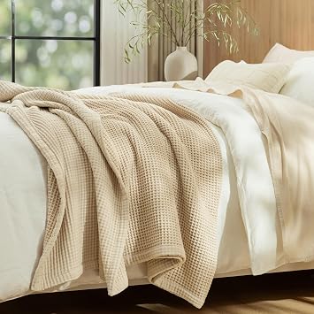 PHF 100% Cotton Waffle & Muslin Blanket Queen Size, Soft Breathable Luxury 400GSM Versatile Reversible Bedding for Bed, Great for Layering in Cold Weather, Home Decor Gift, 90" x 90", French Oak