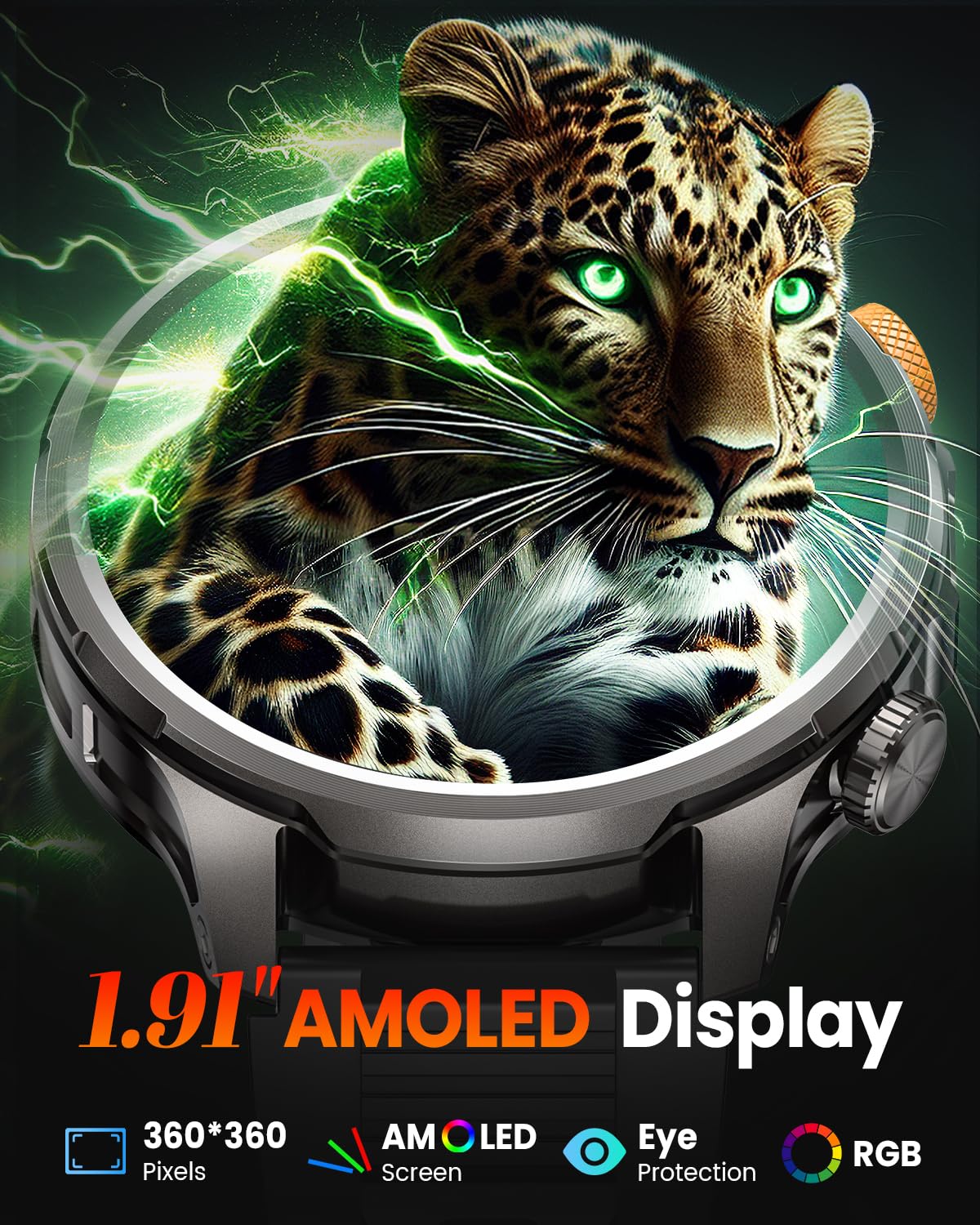 Reloj Inteligente Hombre con 1000mAh Batería y Linterna, 1.91" AMOLED, 5ATM Impermeable Smartwatch Militar con Llamadas, 113 Modes Sportifs, 24/7 Pulsómetro/Oxímetro/Sueño/Podomètre/Android iOS