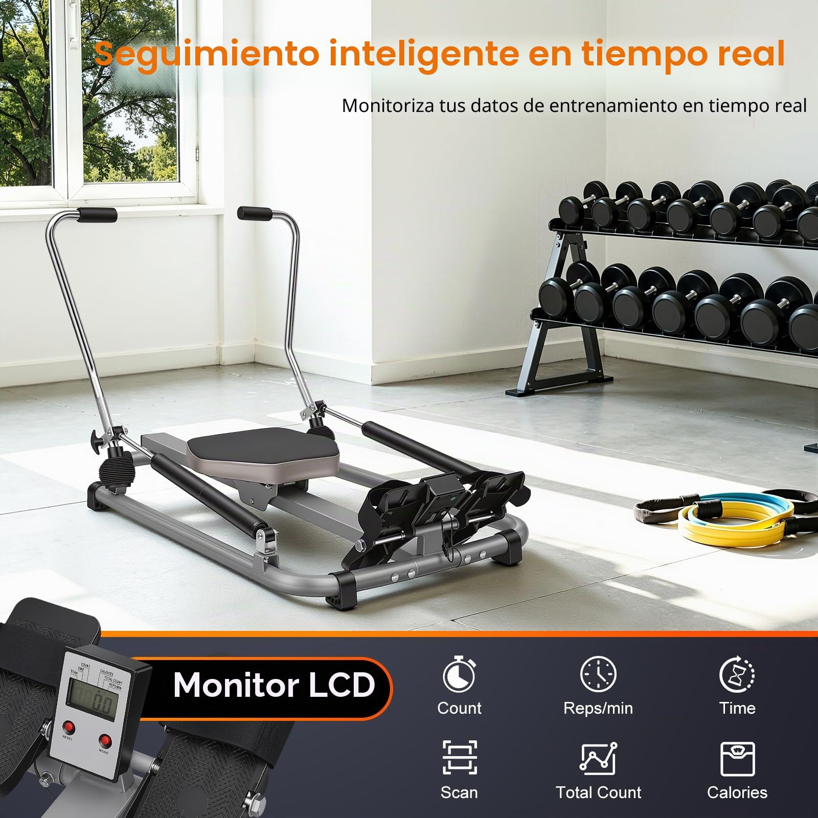 Máquina de remo plegable con 12 resistencias, dispositivo de remo en casa ajustable, monitor LCD, dispositivo de fitness, carga de 120 kg, entrenador abdominal para el hogar