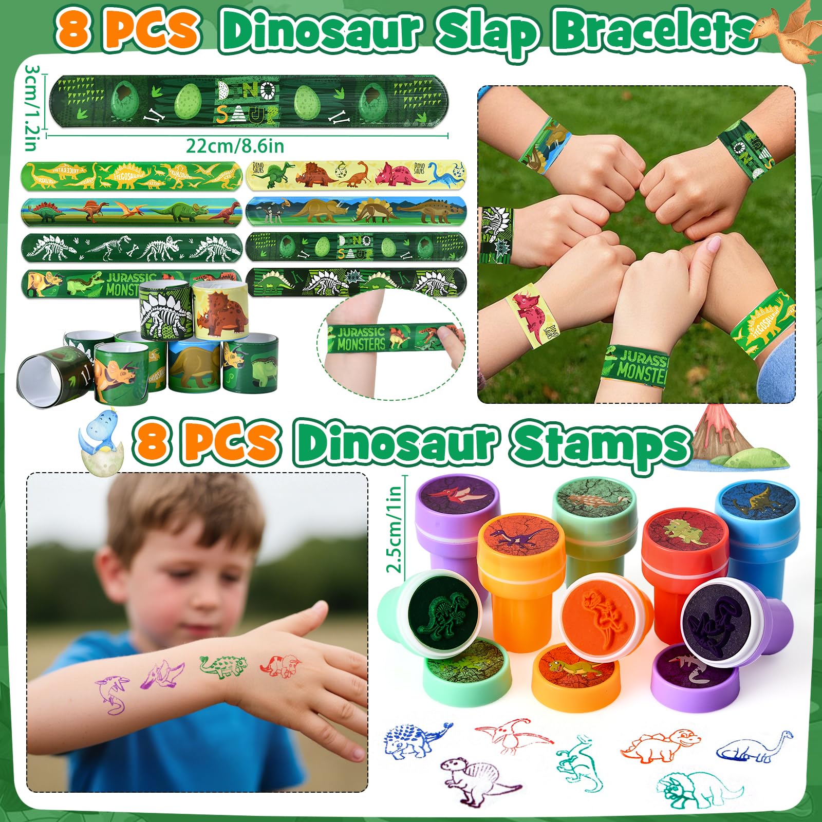 Dinosauri Gadget Compleanno Bambini con Kit di Artigianato in Legno, Borse di Tela, Uova Dino, Braccialetti Schioccanti, Timbri e Tatuaggi Temporanei, Regalini Fine Festa e Riempimento per Pignatta