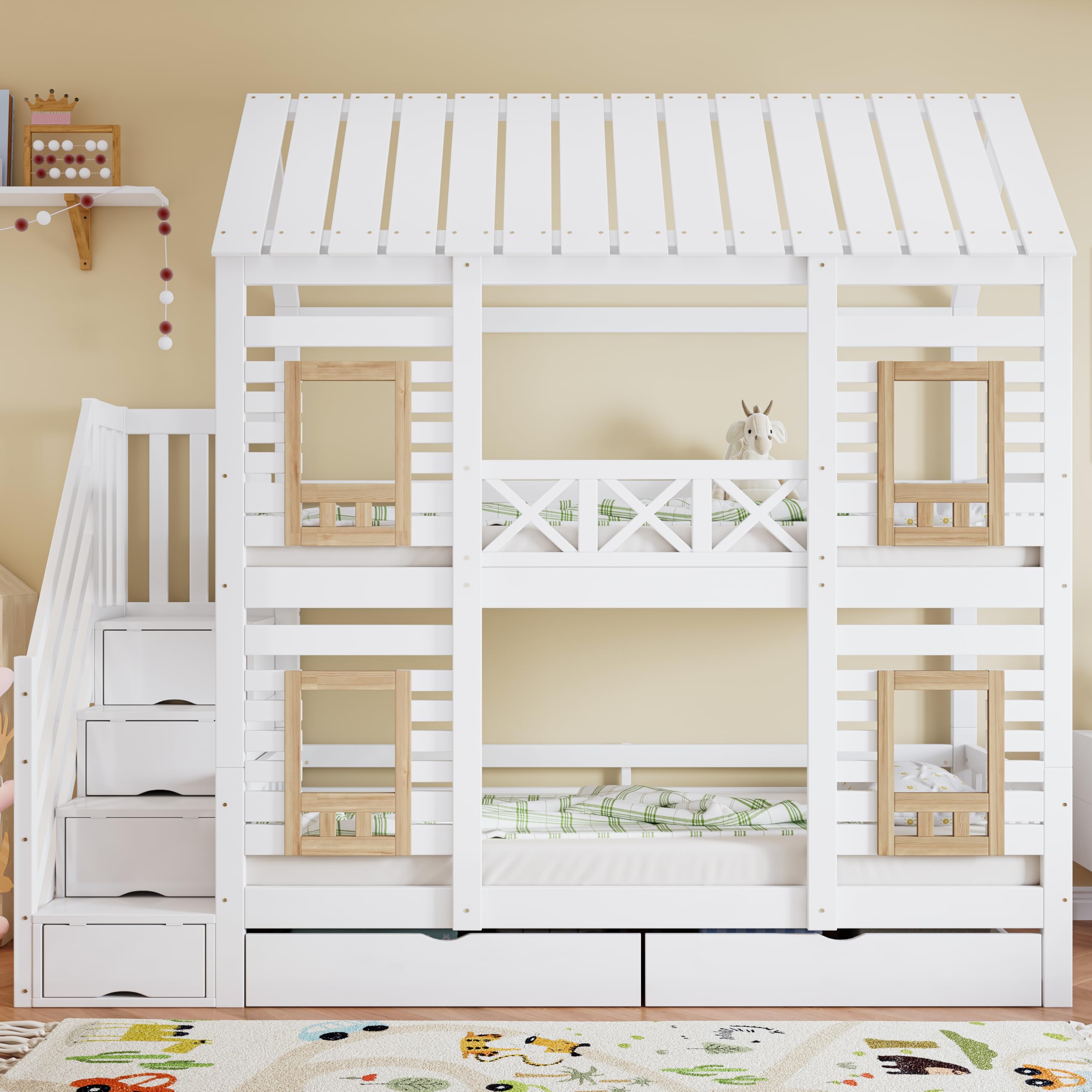 Wiuzo Lettino a castello, letto per bambini, con griglia di protezione anticaduta, due cassetti con ruote, scale con 4 ripiani, con finestra, pino+MDF, bianco e naturale, 90 x 200 cm