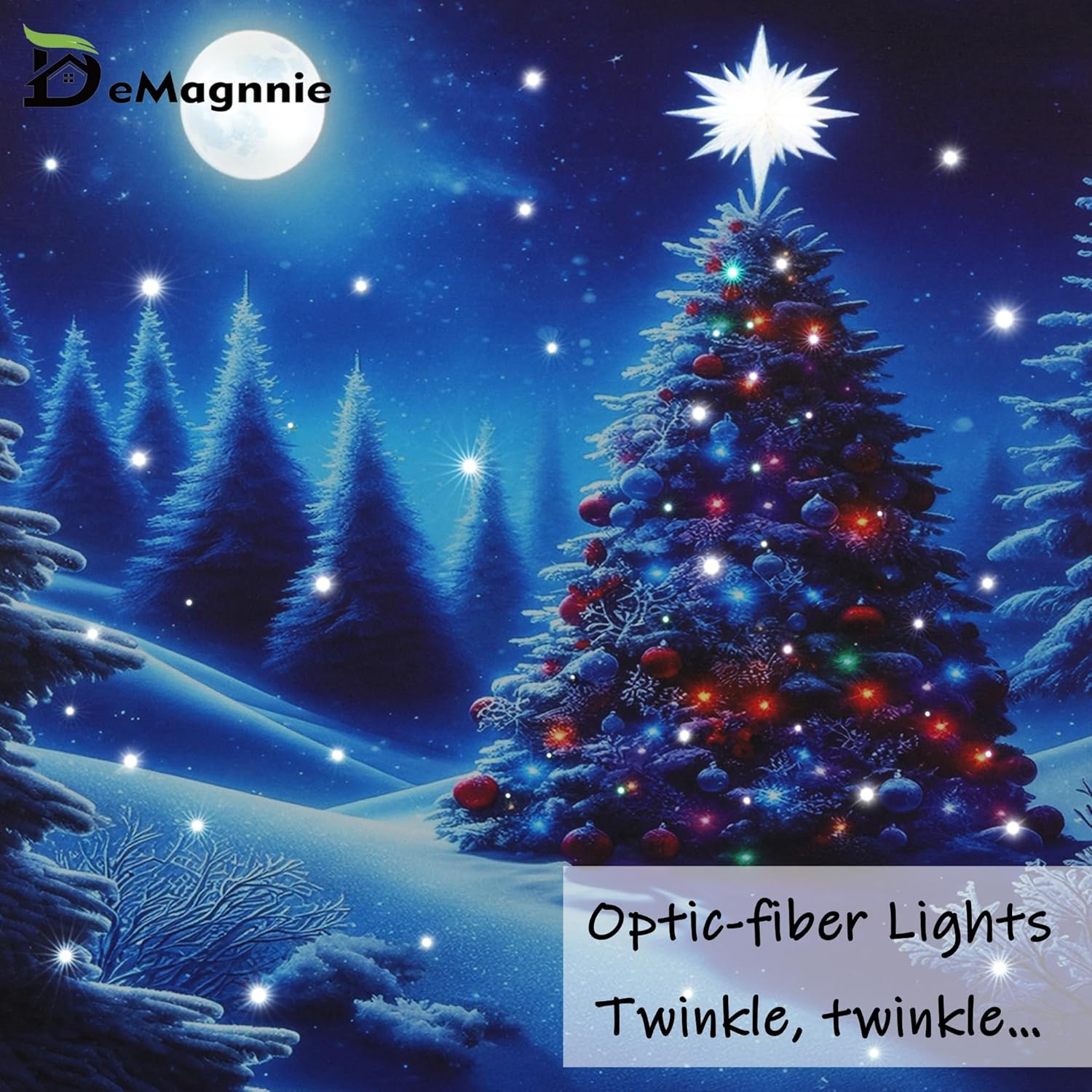 DEMAGNNIE Enchanting Fiber Optic Christmas Tree Pictures Lighted Wall Art w/Timer Run by Batteries- 28x20in Framed Canvas Painting Print w/Twinkling Lights, Large Lighted Christmas Canvas Wall Art