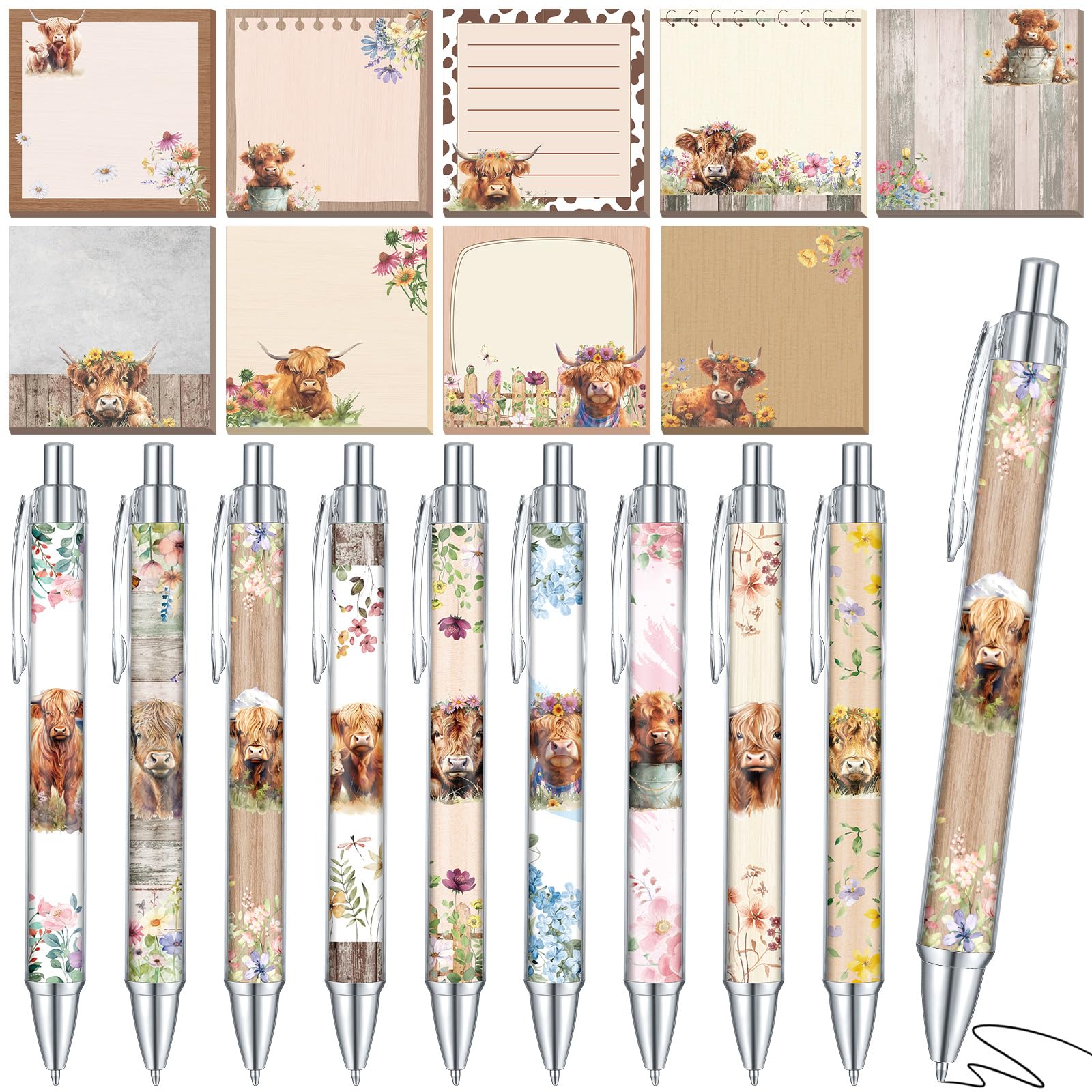 Akcesoria na biurko, 18 szt., krowa górska, 9 wkładek, urocze karteczki samoprzylepne, 9 długopisów kawaii, 9 x 7 cm, notatniki do materiałów biurowych, spotkań, uczniów, szkoły, dekoracja