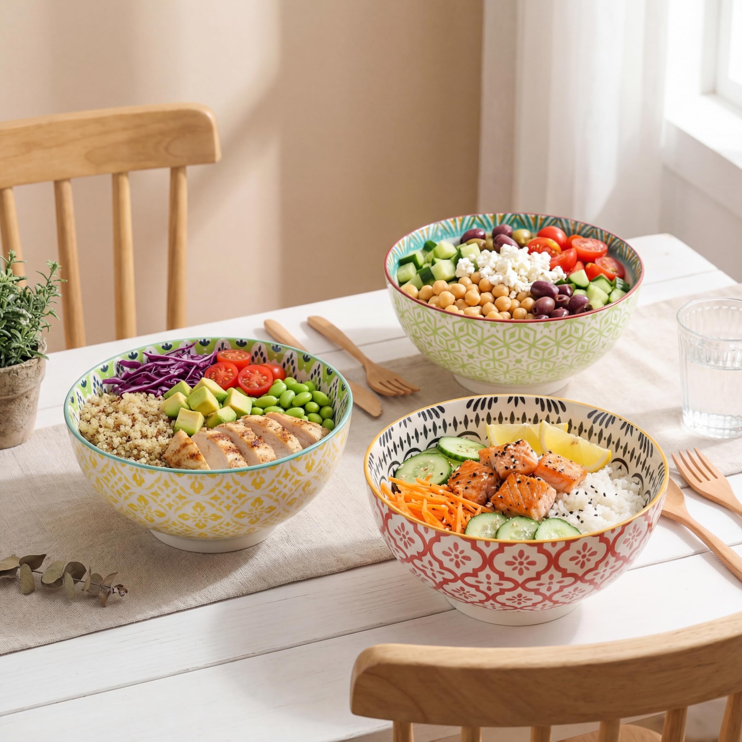 AHX Ensaladera Cuenco Ramen 1.7 Liters - Bol Ensalada Porcelana - 3 Piezas Grande Cuencos Sopa 20 cm - Aptos para Lavavajillas y Microondas