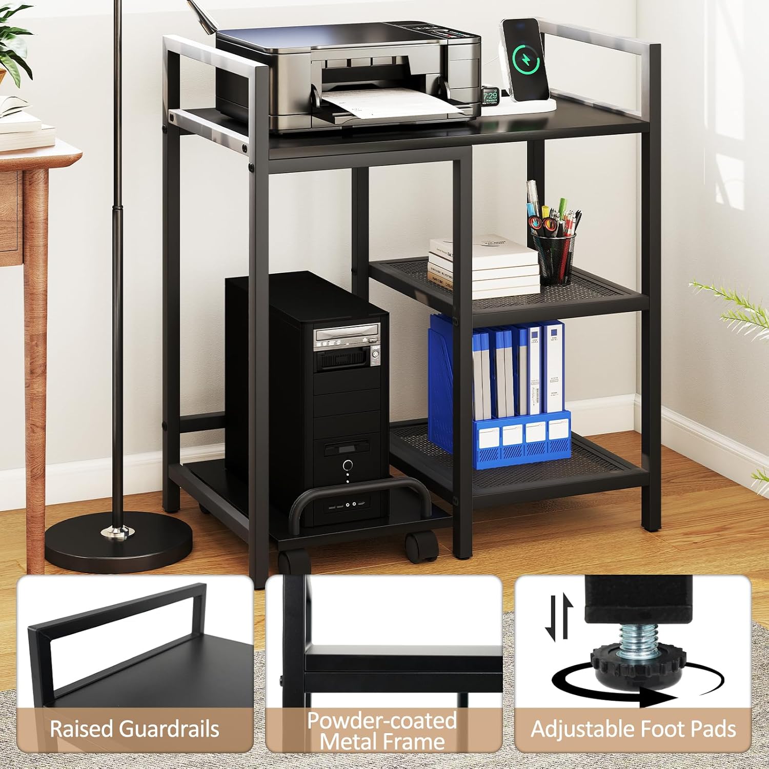 Giantex 3-Tier Printer Stand with Charging Station, 2 Open Storage Shelves, Side PC Stand on Wheels, 25" x 16" Mobile Printer Table for Computer Tower, Printer Shredder, Fax, Under Desk, Home Office