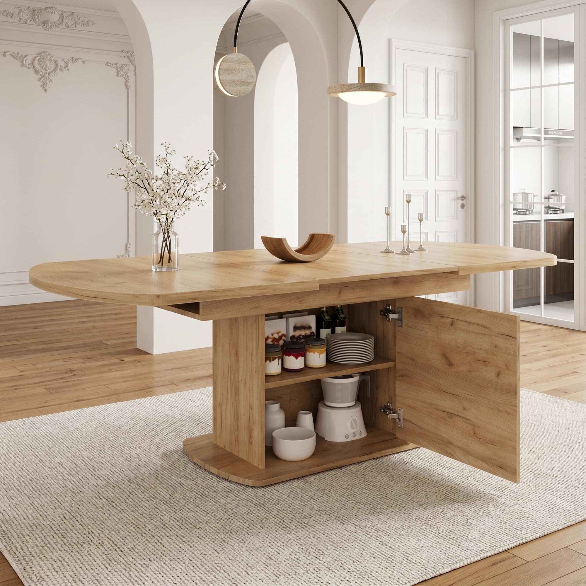 Moimhear Mesa de comedor ovalada extensible, 140/200 x 80 x 75 cm, con espacio de almacenamiento, mesa de café, mesa de comedor que ahorra espacio, con mango plateado (color roble)