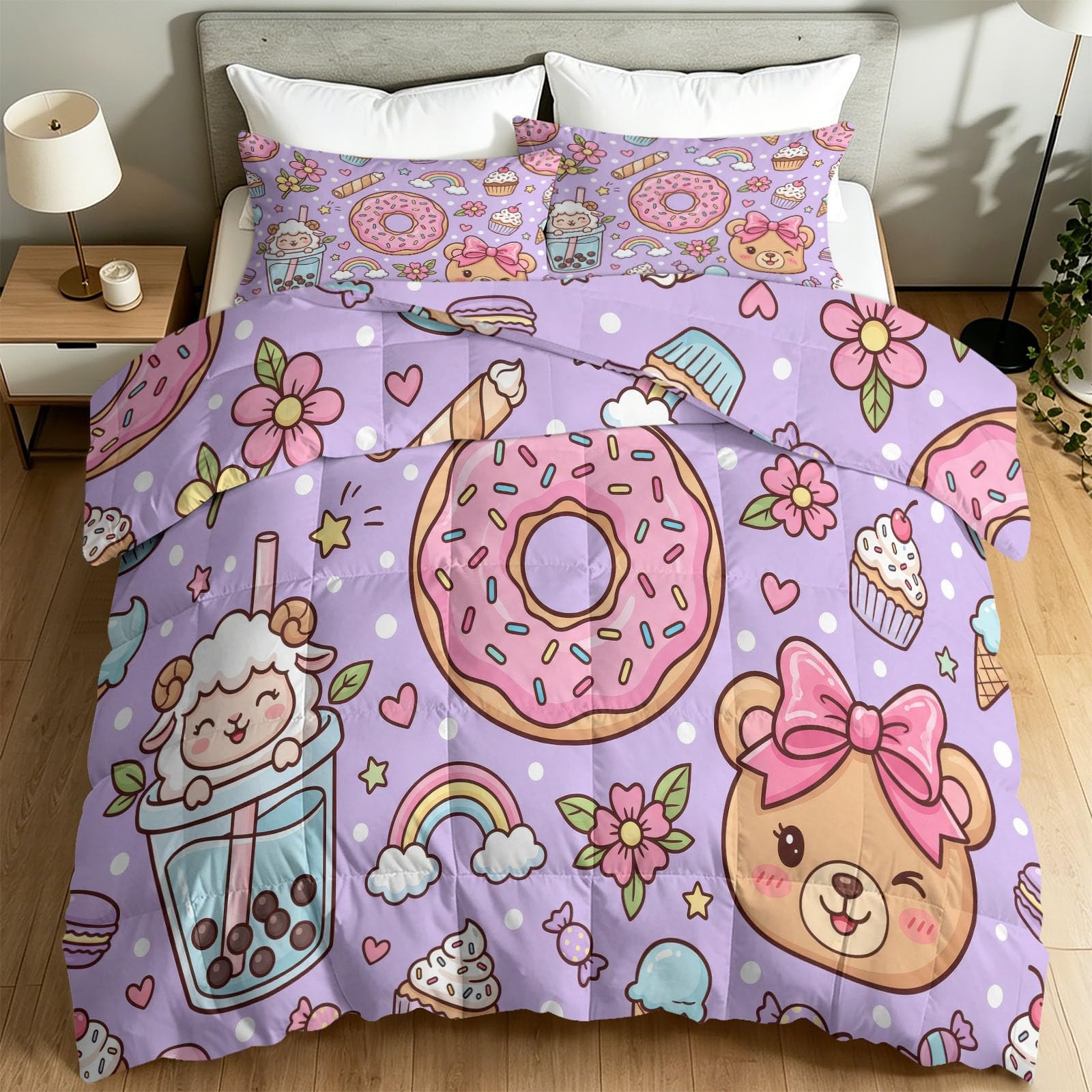 Japanisch Kawaii Bettdecken Ohne Bezug 4 Jahreszeiten für Jungen 155x220 cm, Cartoon Donuts Teddybären Bubble Tea Reversible Daunendecke Teens Männer - Violett Weicher Waschbare Bettdecke