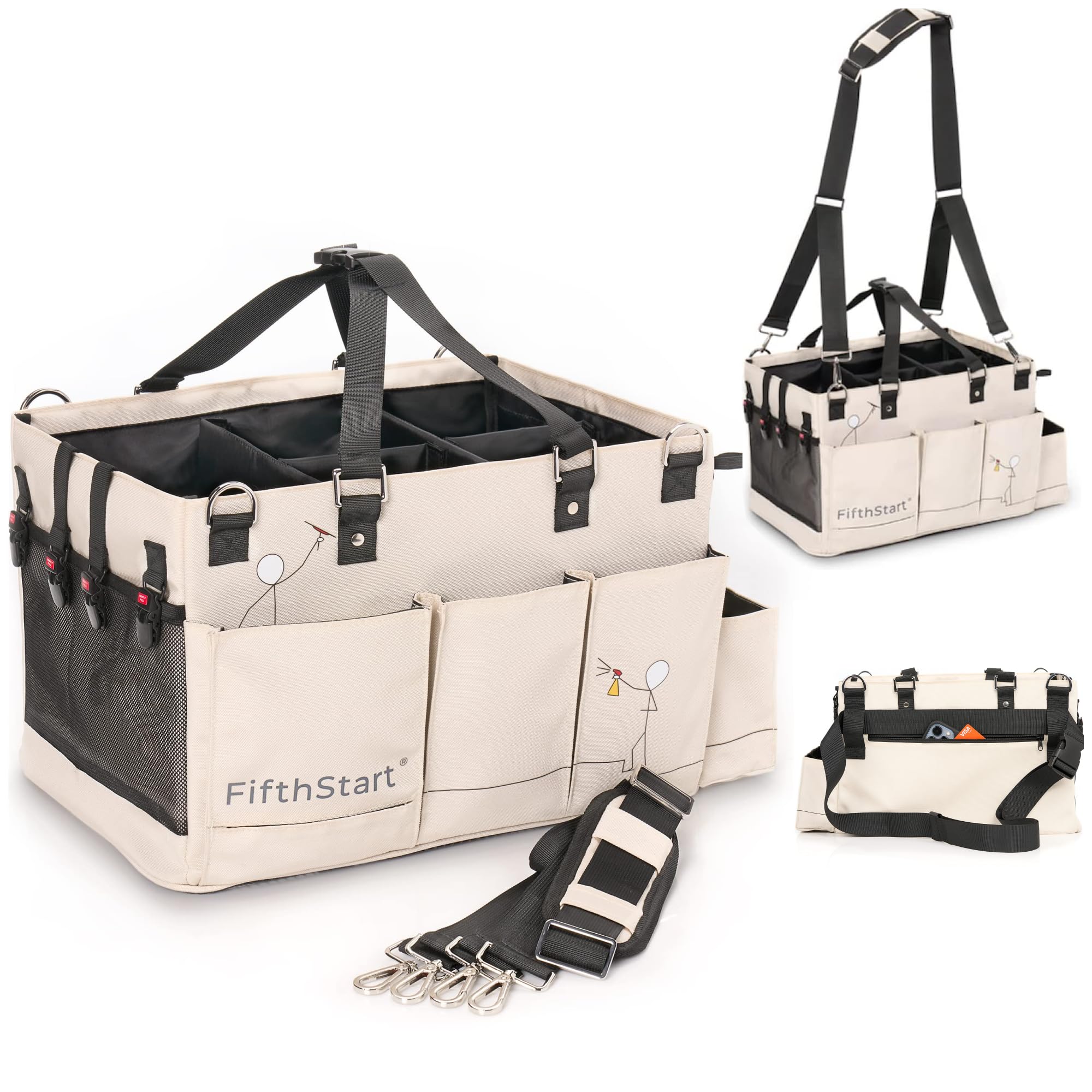 FifthStart Multiuse Cleaning Caddy - Adjustable Straps & Caddy Organizer with Handle - Mesh Base & 9 Pockets Organizer Bag - 5 Dividers & Washable Fabric Cleaning Tote (beige, XL)