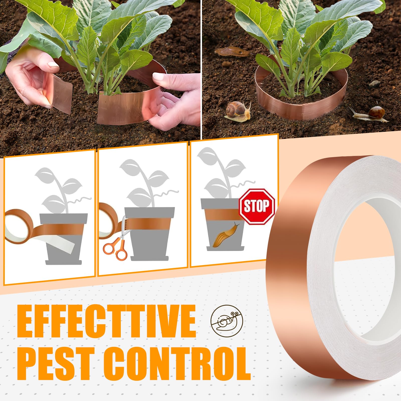 Anticaracoles y Babosas Cinta de Cobre Adhesiva, 30mm x 20M Cinta de Cobre Altamente Adaptable Conductora de Lámina, Cinta Anti Caracoles Autoadhesi para Plantas de Lecho Elevado de Jardín