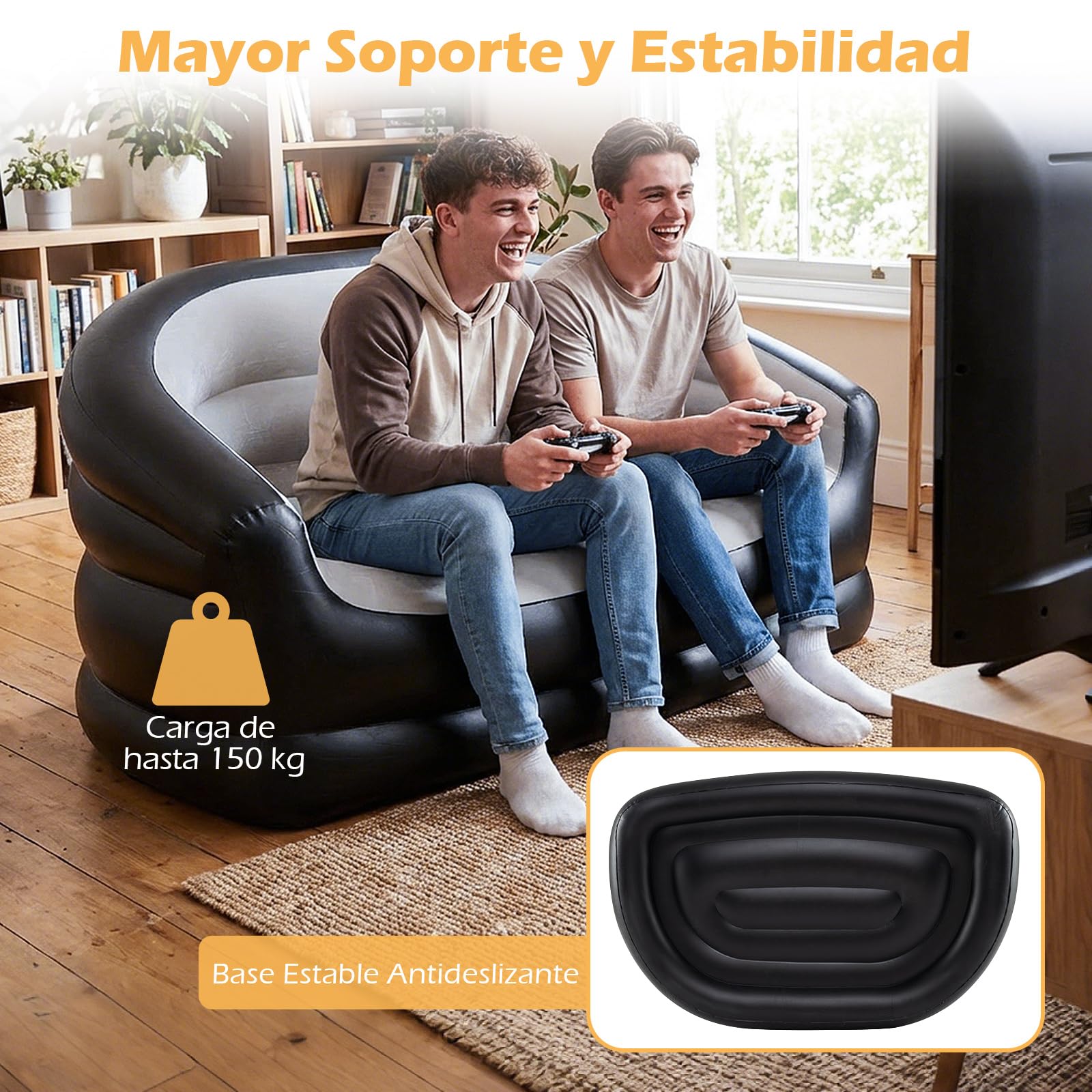 COSTWAY Conjunto Sofás Hinchables, 1 Sofá de 2 Plazas + 1 Sofá con Otomana, Sofás Portátiles para Adultos con Superficie Flocada, Sillones Inflables para Exterior Interior Camping Viajes,Sin Bomba