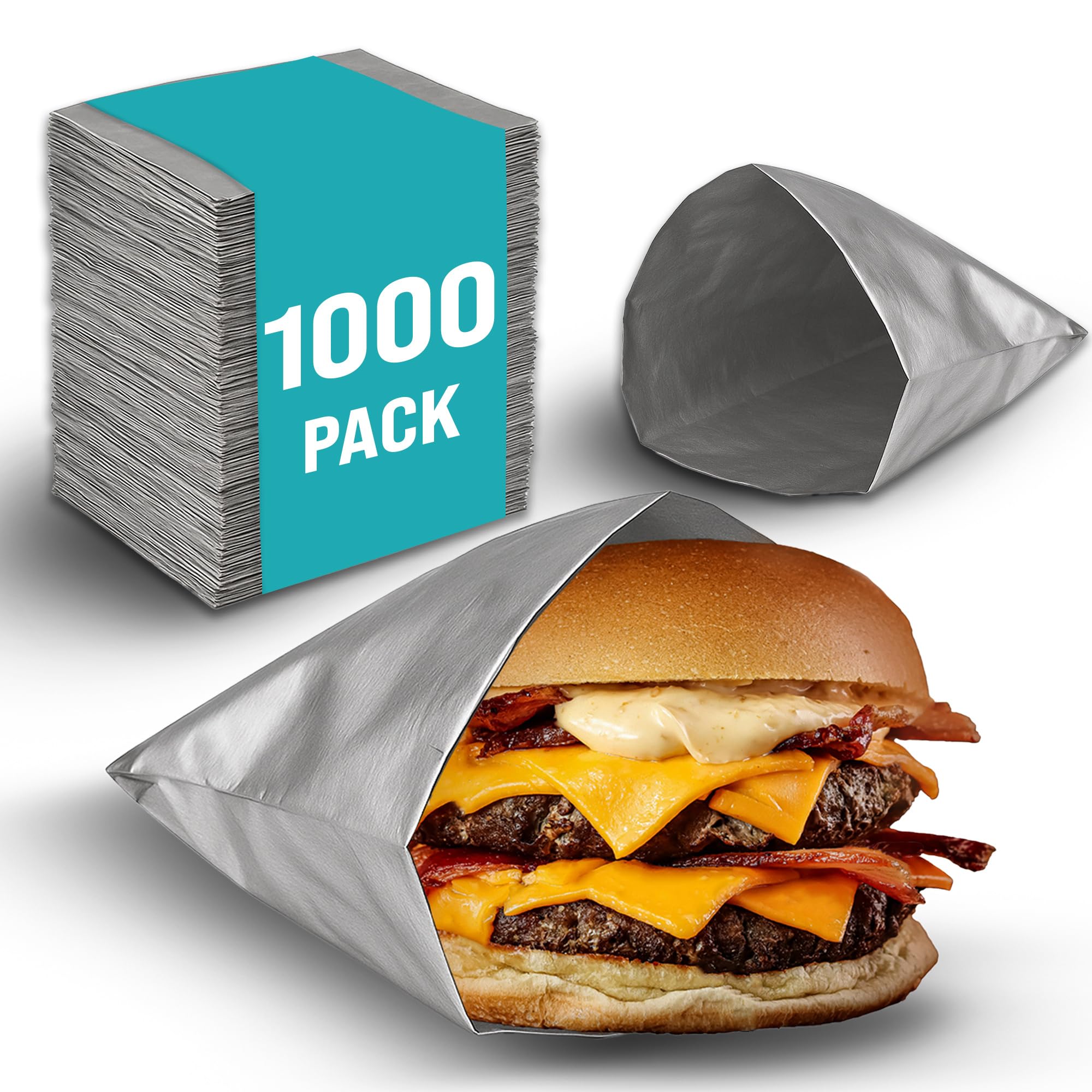 1000 Pack Aluminum Foil Hamburger Bags – Grease-Resistant Burger Wrappers for Hot Sandwiches, Paninis, BBQ, Pretzels & More – BPA-Free, Disposable Takeout Food Sleeves by C&S Event Supply Co.