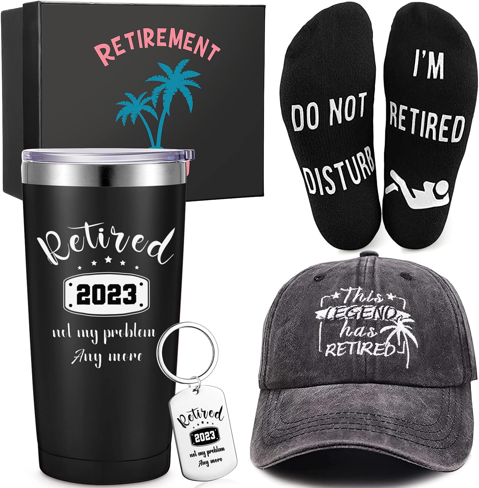 Retirement Gift Set for Men 2025 Retired Gifts Include Tumbler Baseball Cap Socks Keychain with Box Gift, Tree Style