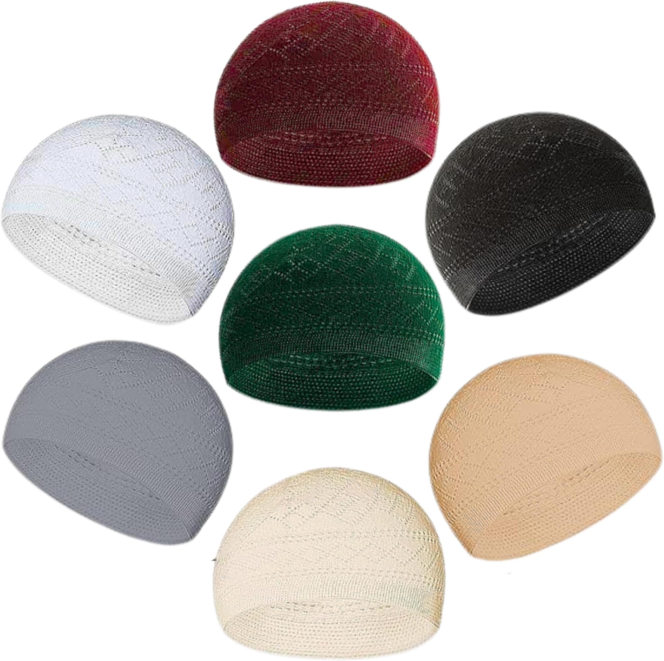 7X Islamic Muslim Knitting Kufi Topi Prayer Hat Crochet Taqiyah Takke Skull Cap, Whits, Gray,black,navy Blue,olive Green & Brown, One size