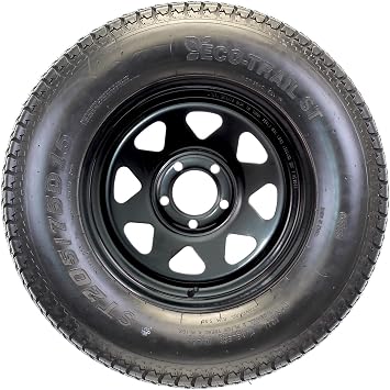 eCustomrim Trailer Tire Rim Assembly ST205/75D15 Black Load Range C 15 Inch | 5 Lug 5 Bolt On 4.5 Inch Center, 6 Ply tire, Black Steel Wheel For Utility Cargo Trailers - With Roadside