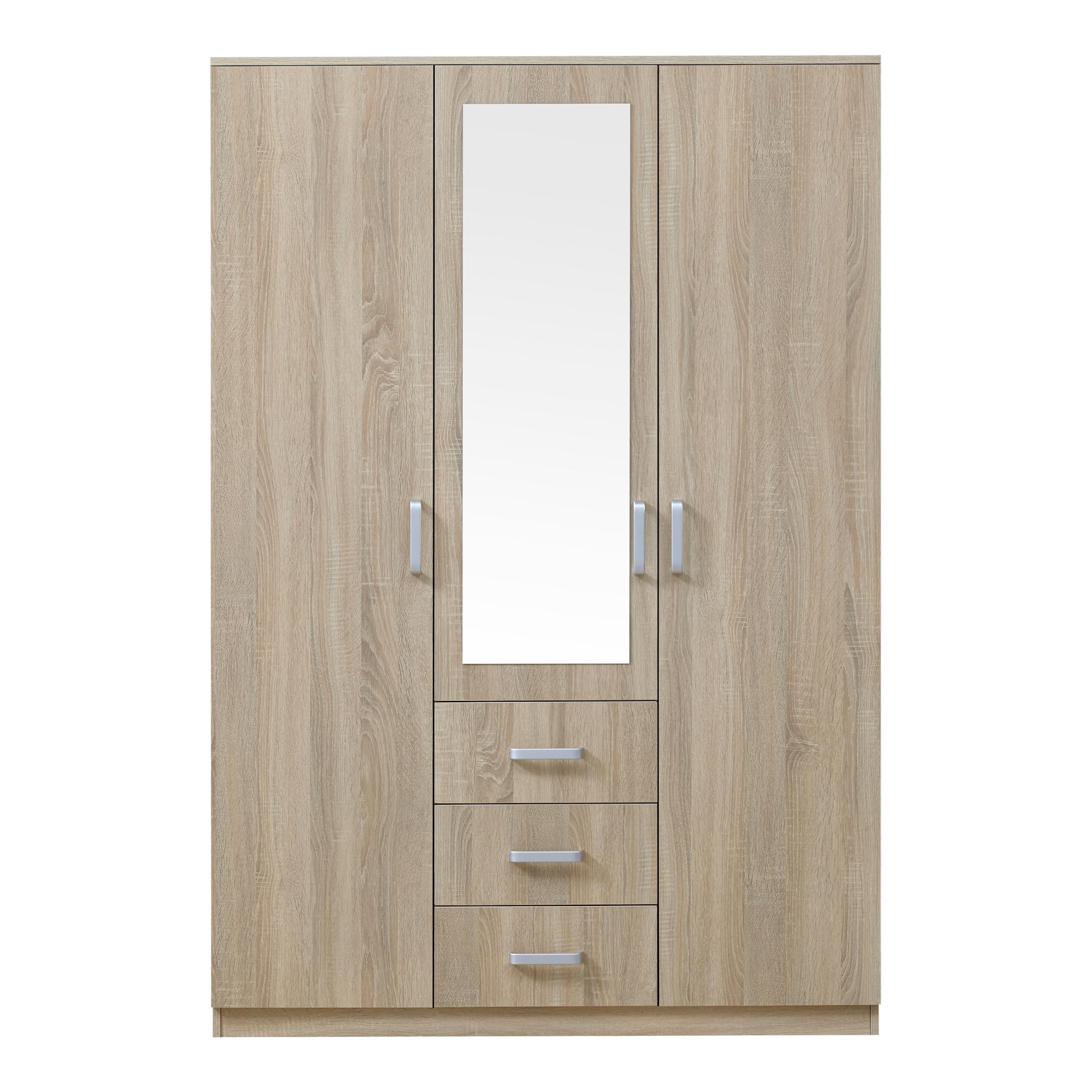 [en.casa] Armario Ropero Bodolz Guardaropa Armario de Almacenamiento con 3 Puertas 1 Perchero 5 Compartimentos 1 Espejo MDF 176 x 120 x 52 cm - Efecto Roble Sonoma