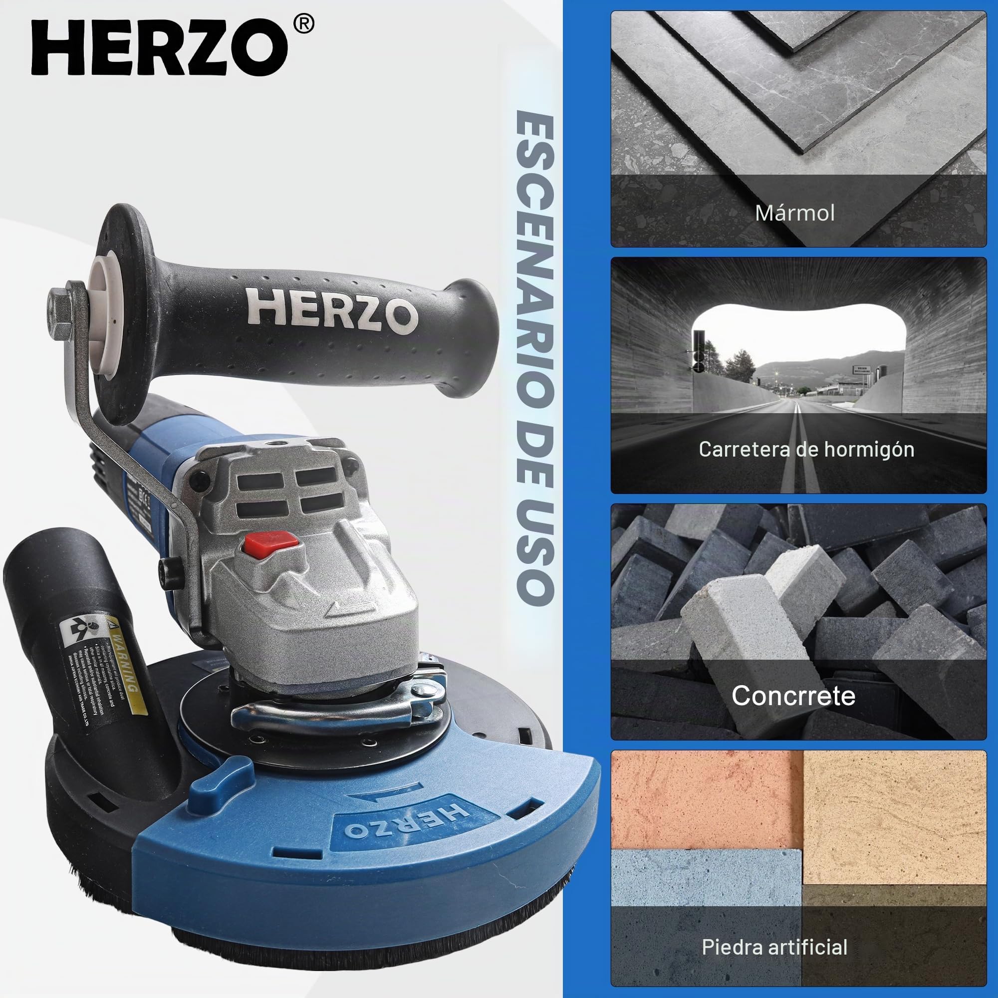 Amoladora Angular,HERZO Lijadora de Hormigón 1400W,Juego de trituradora de hormigón 125mm, 6 niveles de velocidad, campana de extracción (125mm)