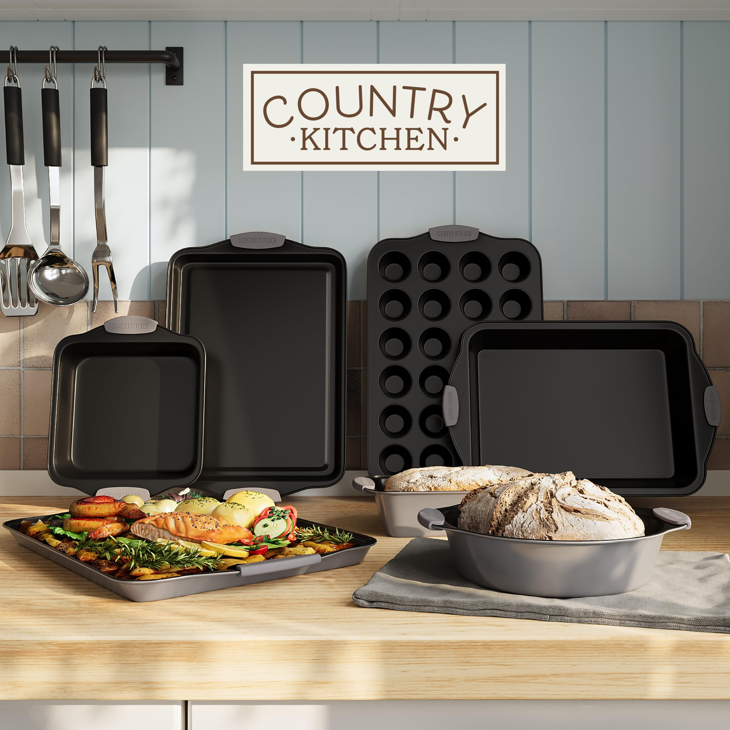 Country Kitchen Stapelbares Backformen-Set mit Antihaftbeschichtung, langlebig, leicht zu lösen, grau, 10 Stück