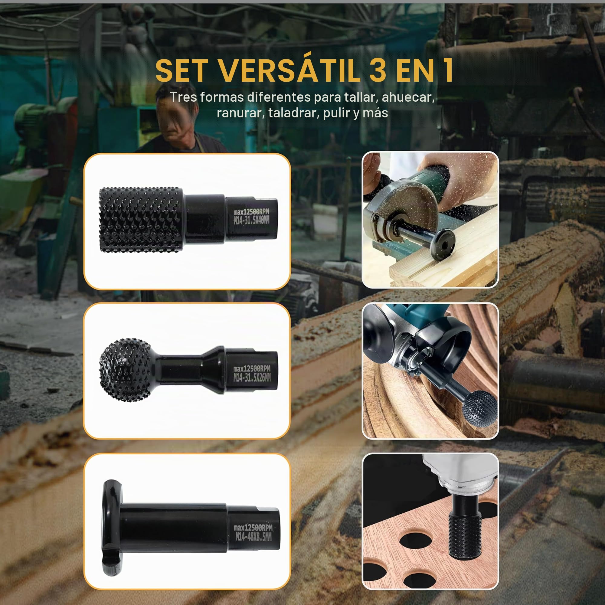Set de fresas para tallado en madera, rosca M14, 3 piezas para amoladora angular de 115mm/125mm, Negro