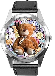 TAPORT® Montre à quartz ronde en cuir noir pour les fans d'ours en peluche E2