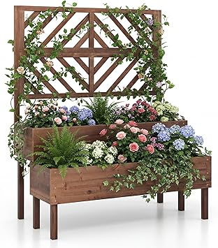Giantex Raised Garden Bed with Trellis, 2-Tier Standing Planter Box with Legs and Drain Holes, Outdoor Elevated Garden Trellis for Vine Climbing, Flower Vegetable Fruit Herb Growing, Coffee Brown