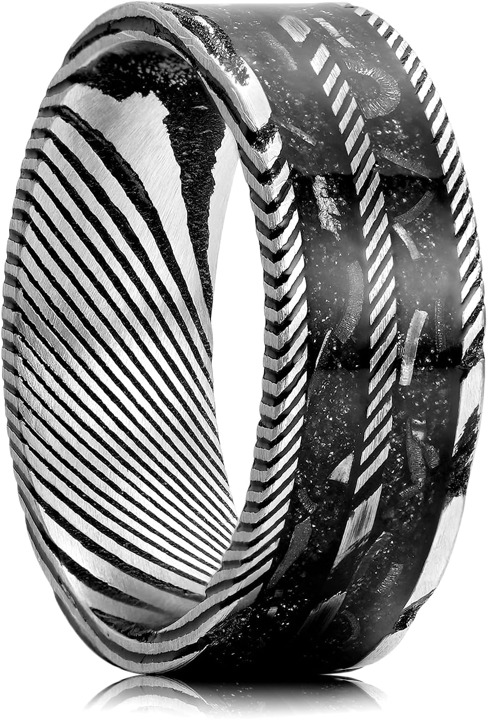 King Will Premium Damascus Wedding Band for Men-6/8mm Width Black Damascus Wedding Ring with Meteorite Inlay in Domed/Flat Cut Style Promise Ring Comfort Fit 8-12
