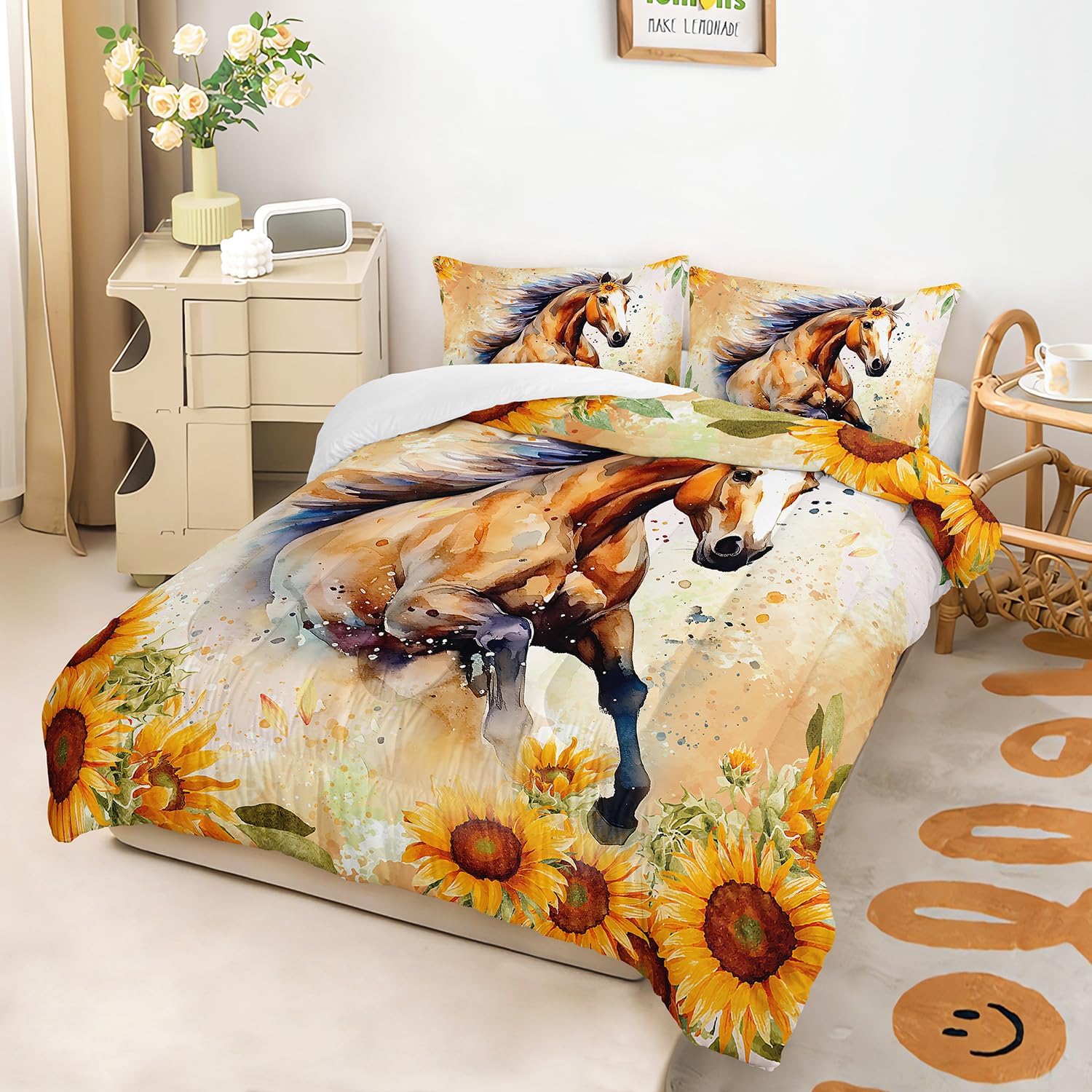 AILONEN Galloping Horses Comforter Set,Brown Running Horses Bedding Set Full Size,Sunflowers Horse Duvet Set,3Pcs 1 Quilt + 2 Pillowcases for a Serene and Nature Inspired Bedroom Decor