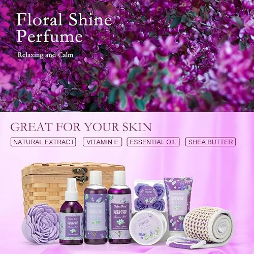 Miniatura 2 de Cesta de regalo para mujer, 11 piezas de perfume floral de lujo para baño y cuerpo, kit de regalo de spa en casa con baño de burbujas, loción