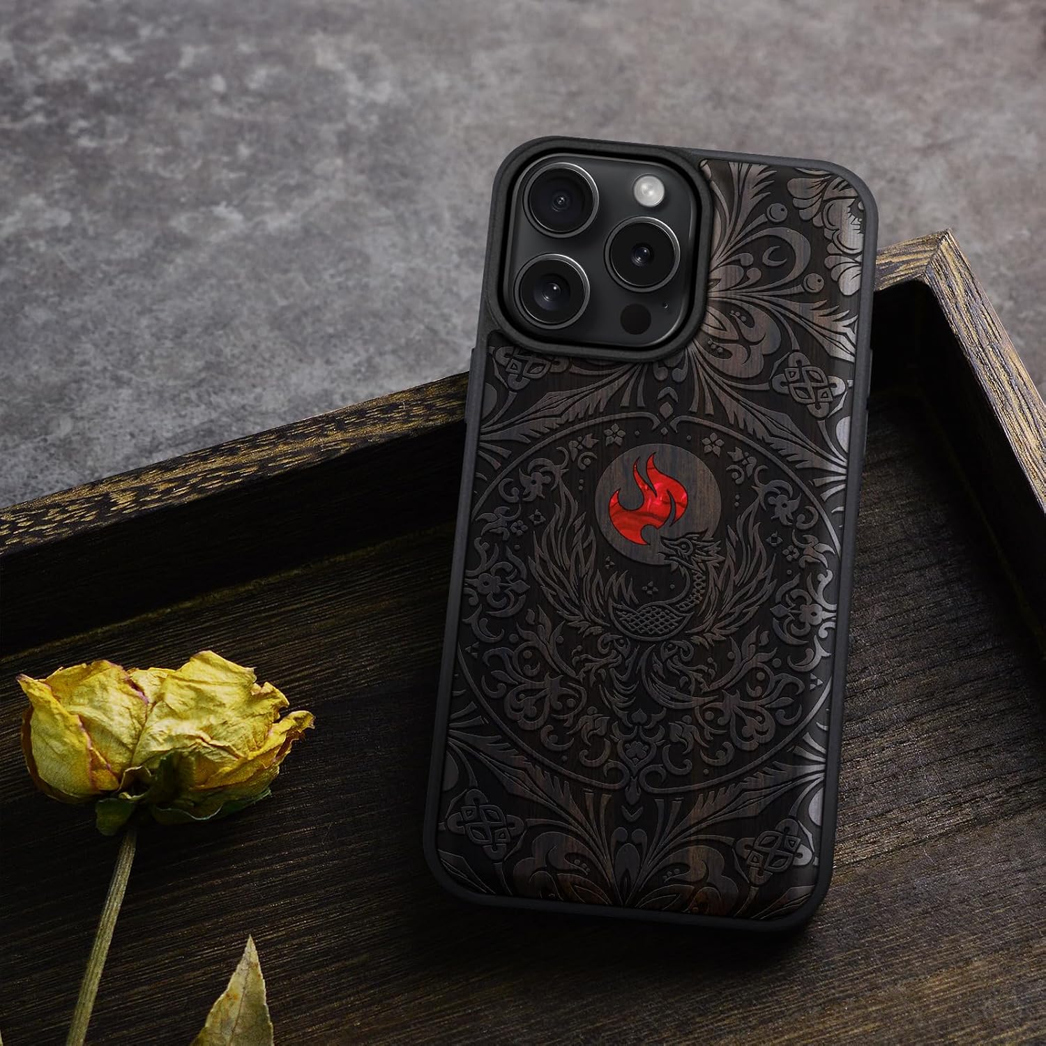 Carveit Magnetic Case for iPhone 16 Pro Case, Wood Artisan Engraved & Handmade Shell Inlaid, TPU Shockproof Cover, Compatible with MagSafe Wireless Chargers (Phoenix in Symmetry) Blackwood