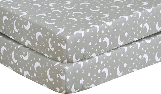 2 x Cot Bed Fitted Sheet 100% Cotton 200 Thread Count 12 Colours, Cot Bed 70 x 140 CM - Sleeping Moon Grey