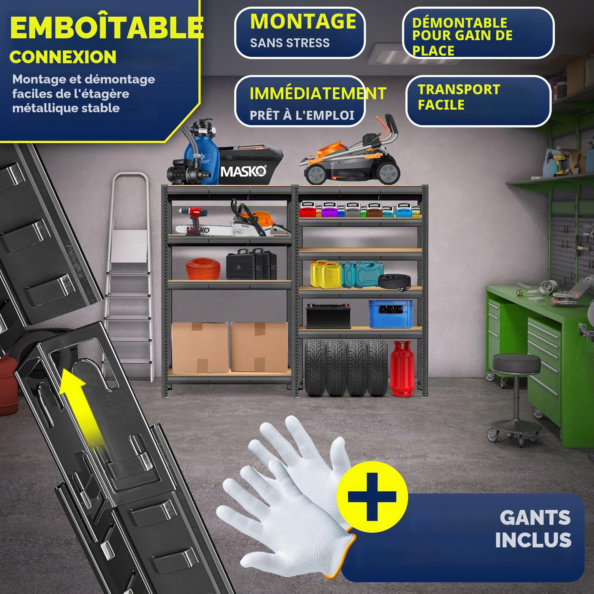 MASKO Étagère de rangement pour charges lourdes - 180 x 160 x 60 cm - Charge maximale : 1500 kg - 5 étagères réglables - Panneaux MDF en métal - Étagère enfichable - Étagère d'atelier - Structure en