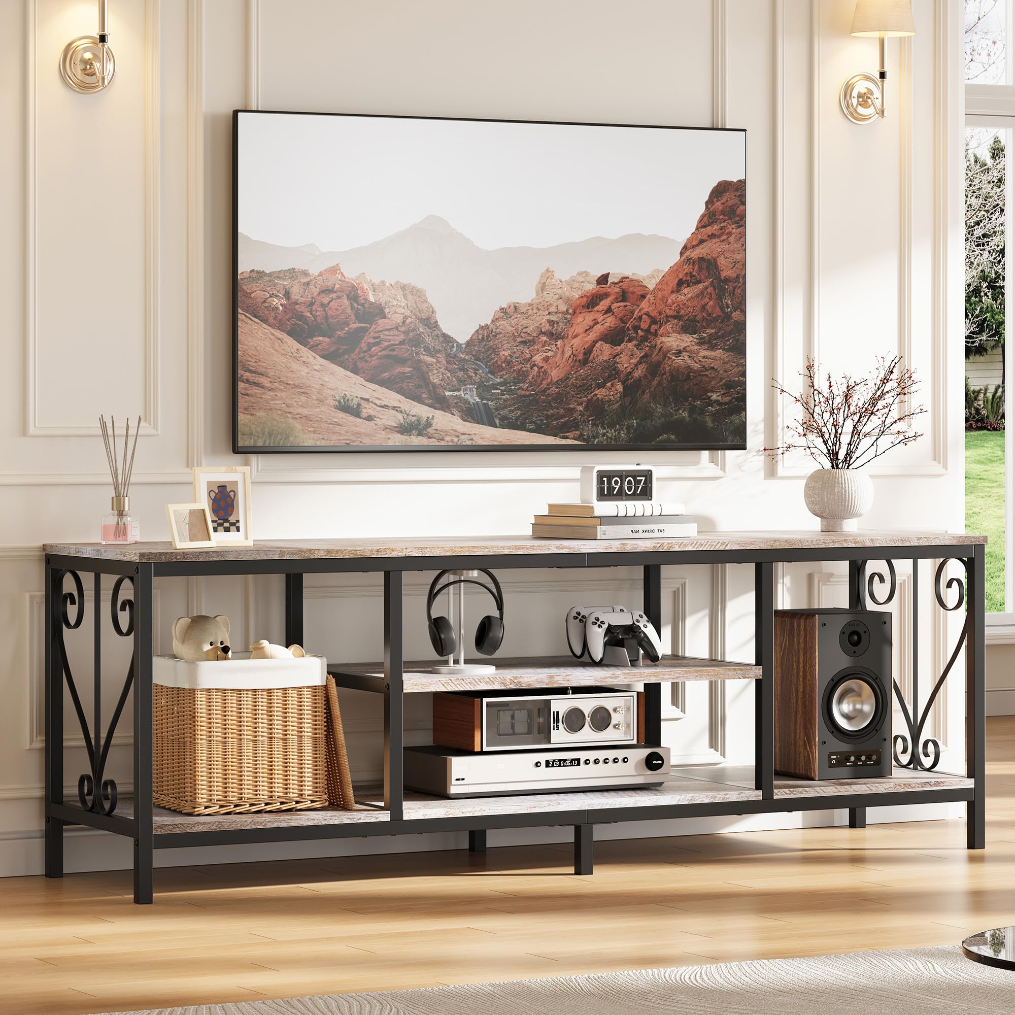 TV Stand for 65 70 75 Inch TVs, 63" Heavy-Duty Industrial Entertainment Center with 3-Tier Open Shelves, Solid 6-Leg Structure, and Soundbar Space, TV