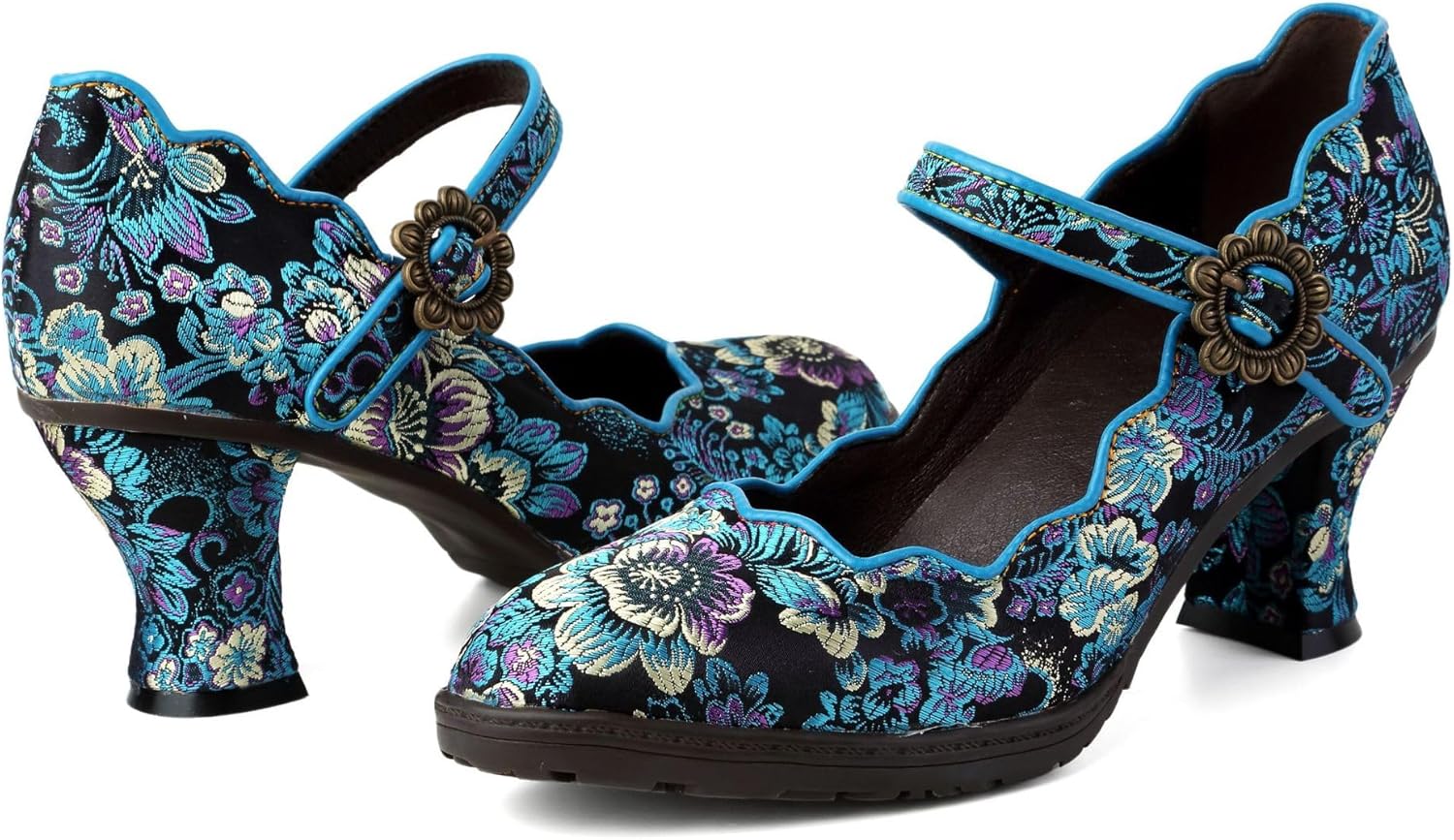 SOCOFY Women Leather Mary Jane Shoes Colorful Leather Oxfords Vintage Leather Pumps Womens Colorful Patchword Block Heel Pumps Mid Kitten Heel Pumps Shoes Ankle Strap Wedding Dress...