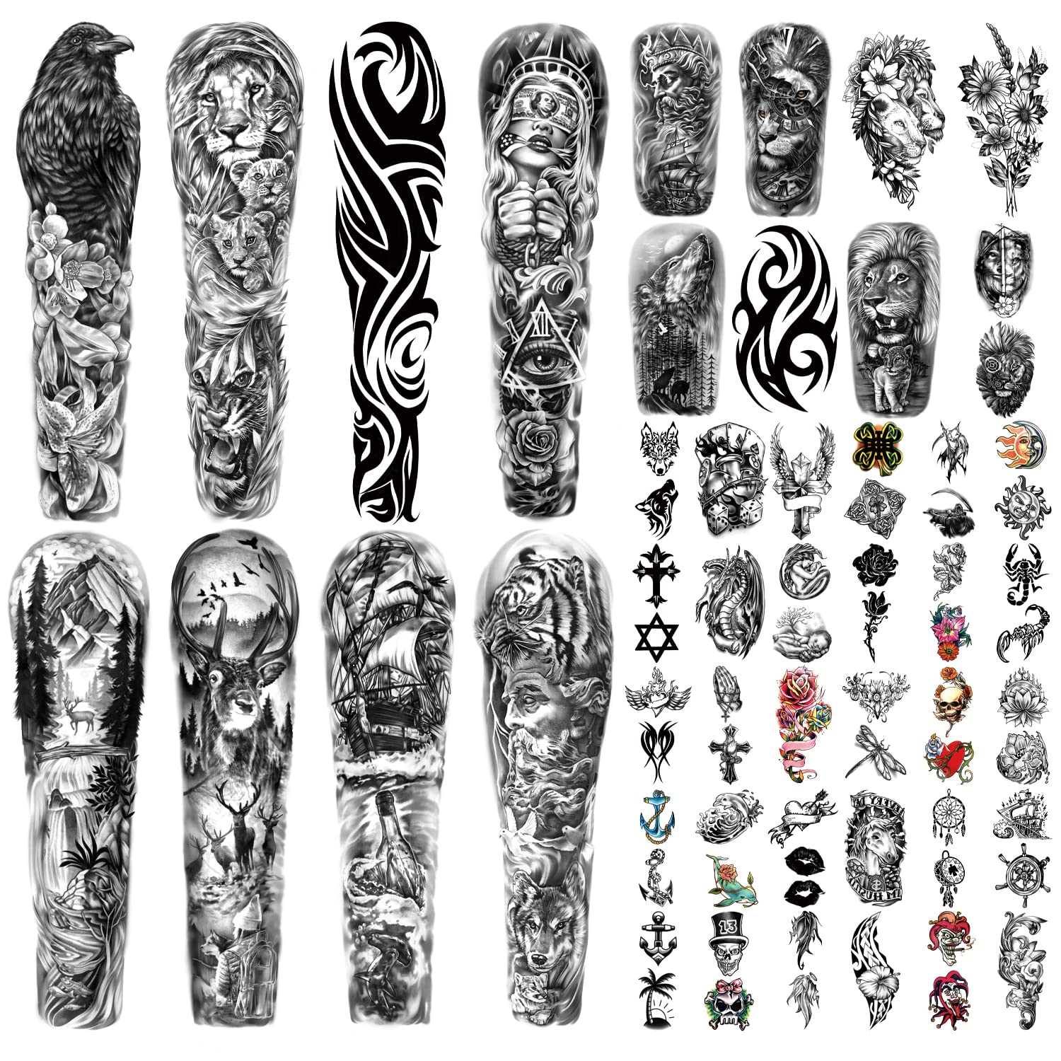 46 Sheets Full Arm Temporary Tattoos Waterproof For Men(L22.8âxW7â), Fake Tattoos for Women Lion Tiger Clock Flower Skeleton Animals Design, Hand Forearm Shoulder 3D Tattoos for Halloween