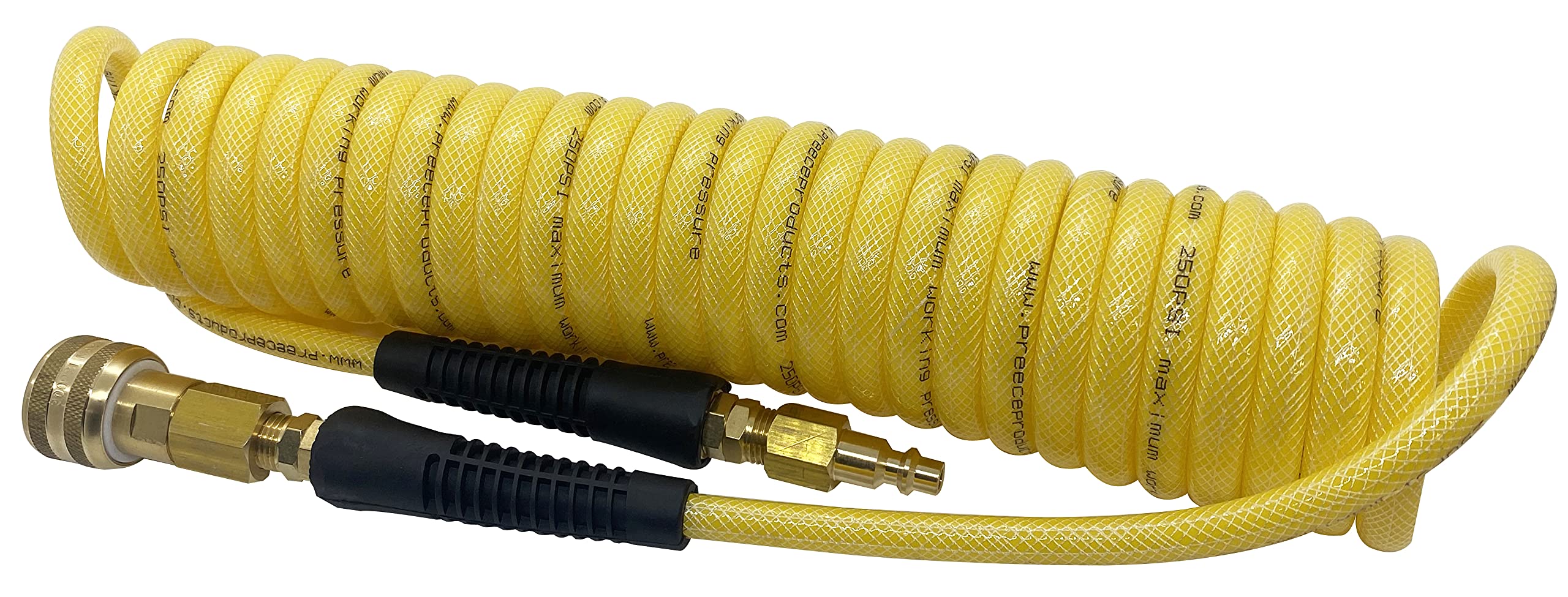20' Polyurethane Braided 250 PSI Working Pressure Yellow Coil Hose with 300 PSI Quick Connect for Air Tools
