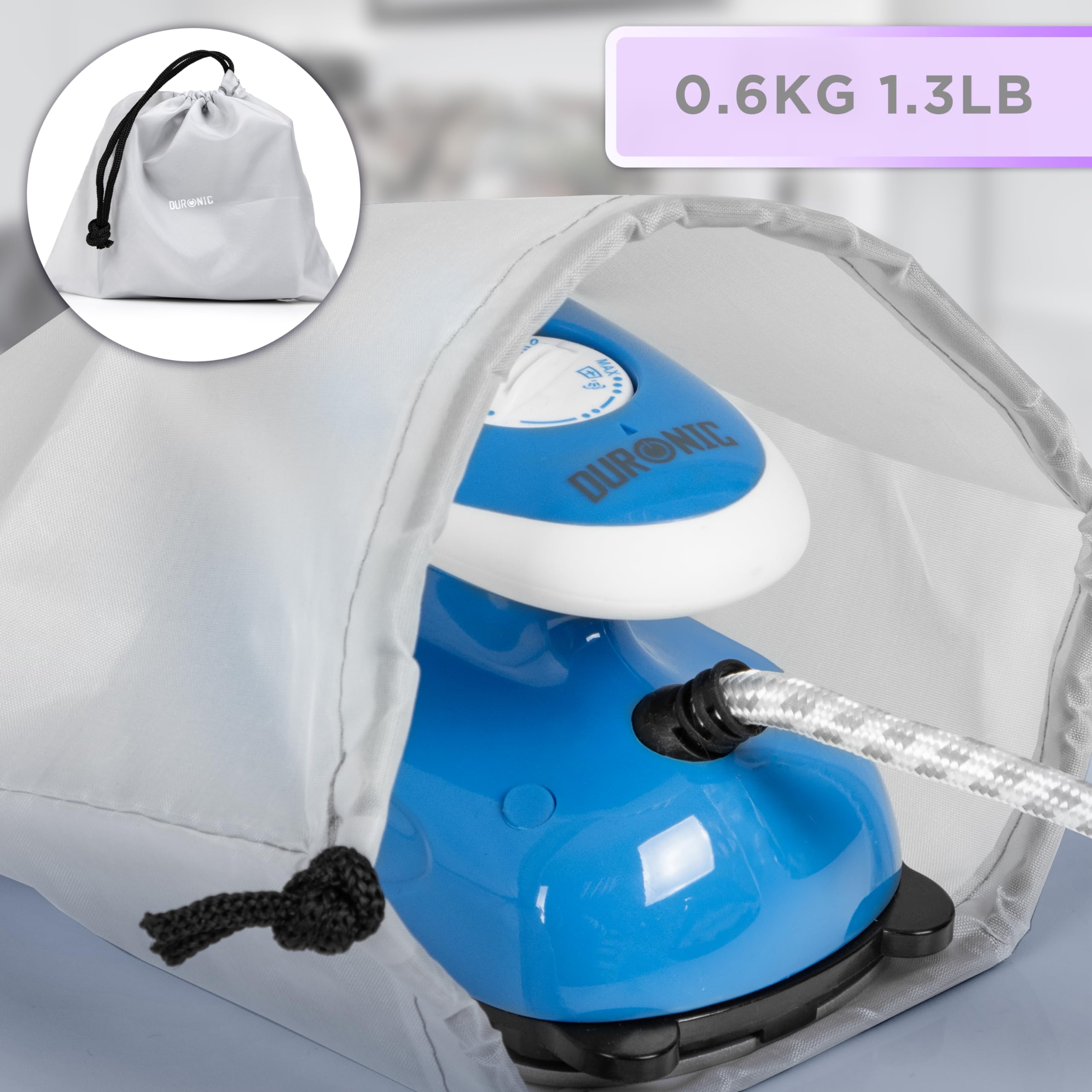 Duronic SI2 BE Mini Ferro da Stiro, Ferro da viaggio a vapore 375 W, Serbatoio 50ml, Steamer portatile con spazzola e borsello da viaggio, Ferro a vapore per lavori di cucito, quilting, Blu