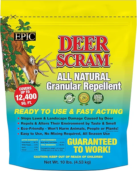 EPIC REPELLENTS Deer Scram All Natural Granular Repellent - All-Natural, Animal, People and Pet Safe Granule (10 lb Bag)