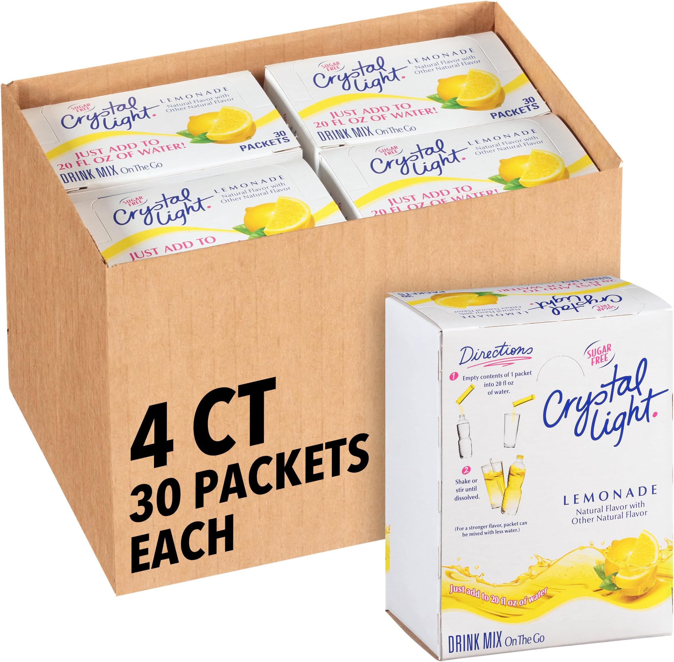 Crystal Light On The Go Sticks - 20oz Water Bottle Size - 30ct boxes (Pack of 4) - Lemonade
