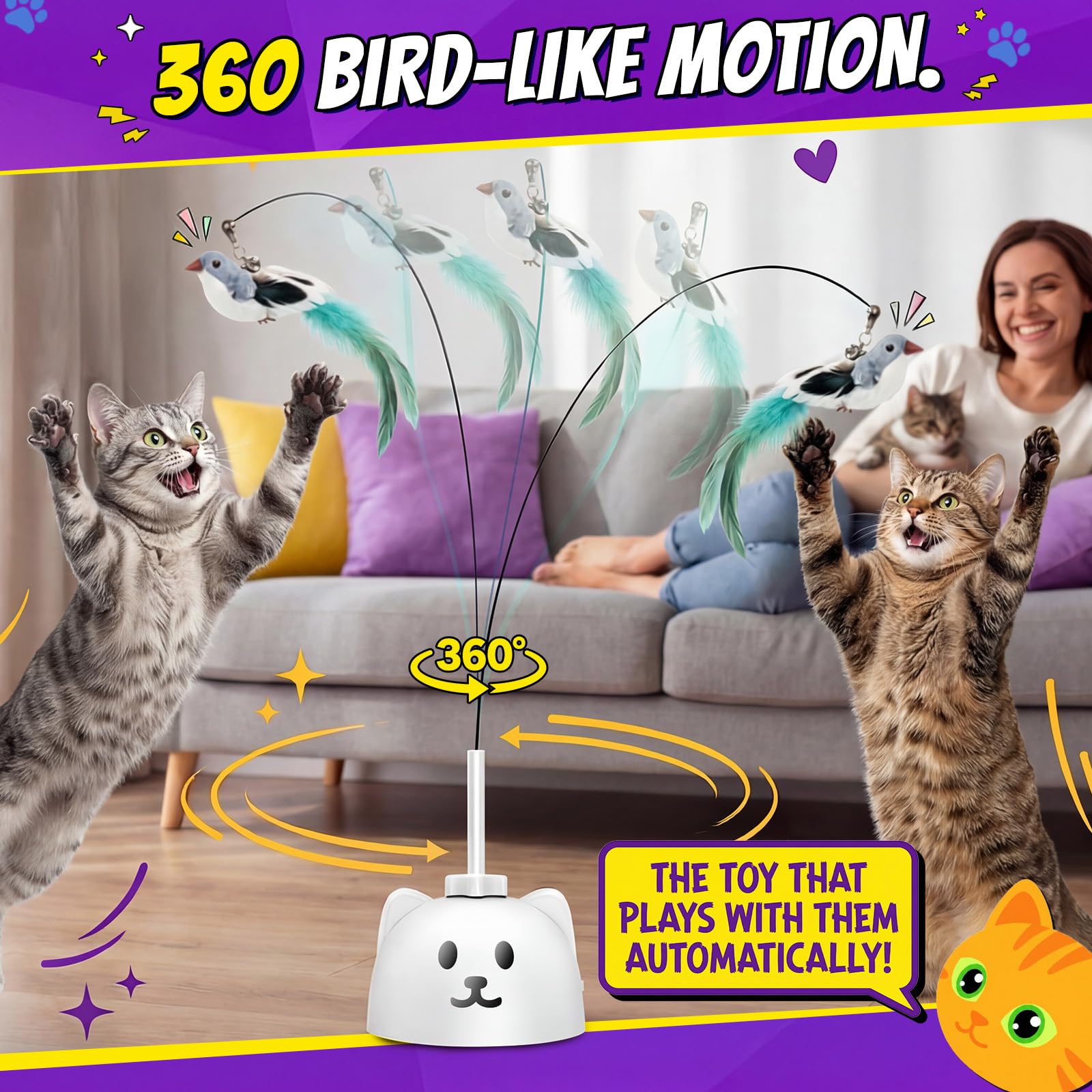 Juguetes interactivos para gatos de interior: varita de plumas de pájaro volador de giro automático de 360° mejorada con varilla protegida de silicona, fuerte ventosa de 8 cm, recargable por USB para
