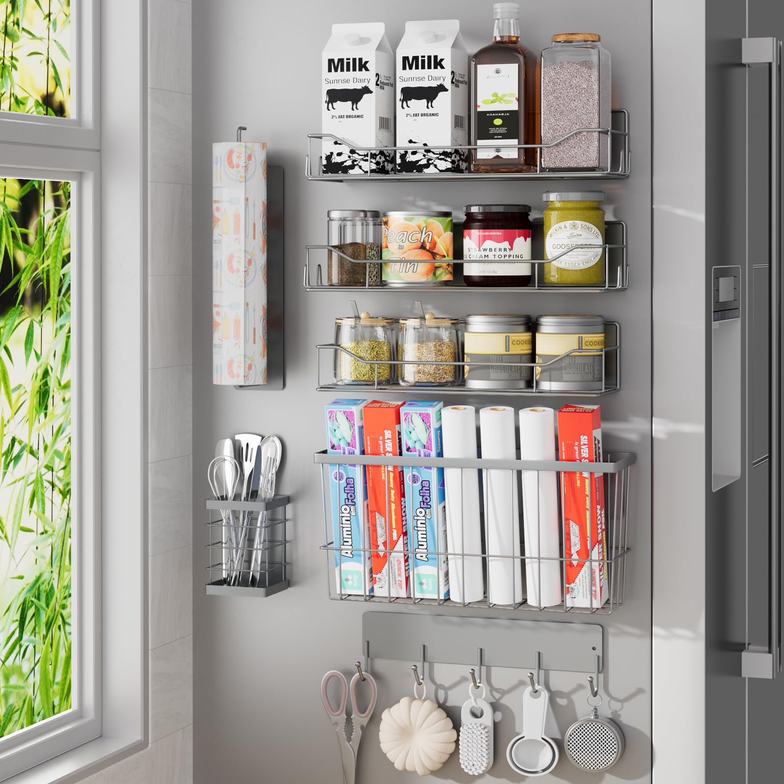 Magnetisches Gewürzregal für Kühlschrank, 7 Stück, magnetisches Kühlschrankregal mit Papierhandtuchhalter, Utensilienhalter, Schneidebrett-Regal, bewegliches Gewürz-Organizer-Regal für Küche