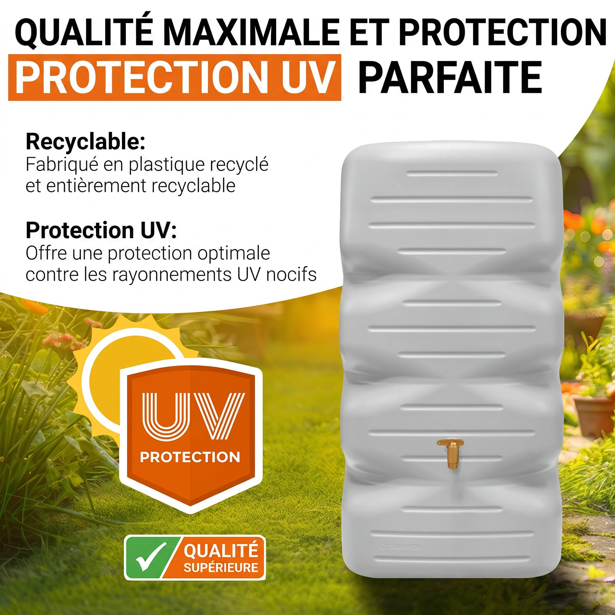 GARANTIA CUBUS cuve de Jardin kit Complet 340 litres Gris béton INCL. Robinet de Sortie en Plastique et raccord de Descente - récupérateur d'eau de Pluie Sobre - pour terrasse - extérieur Durable