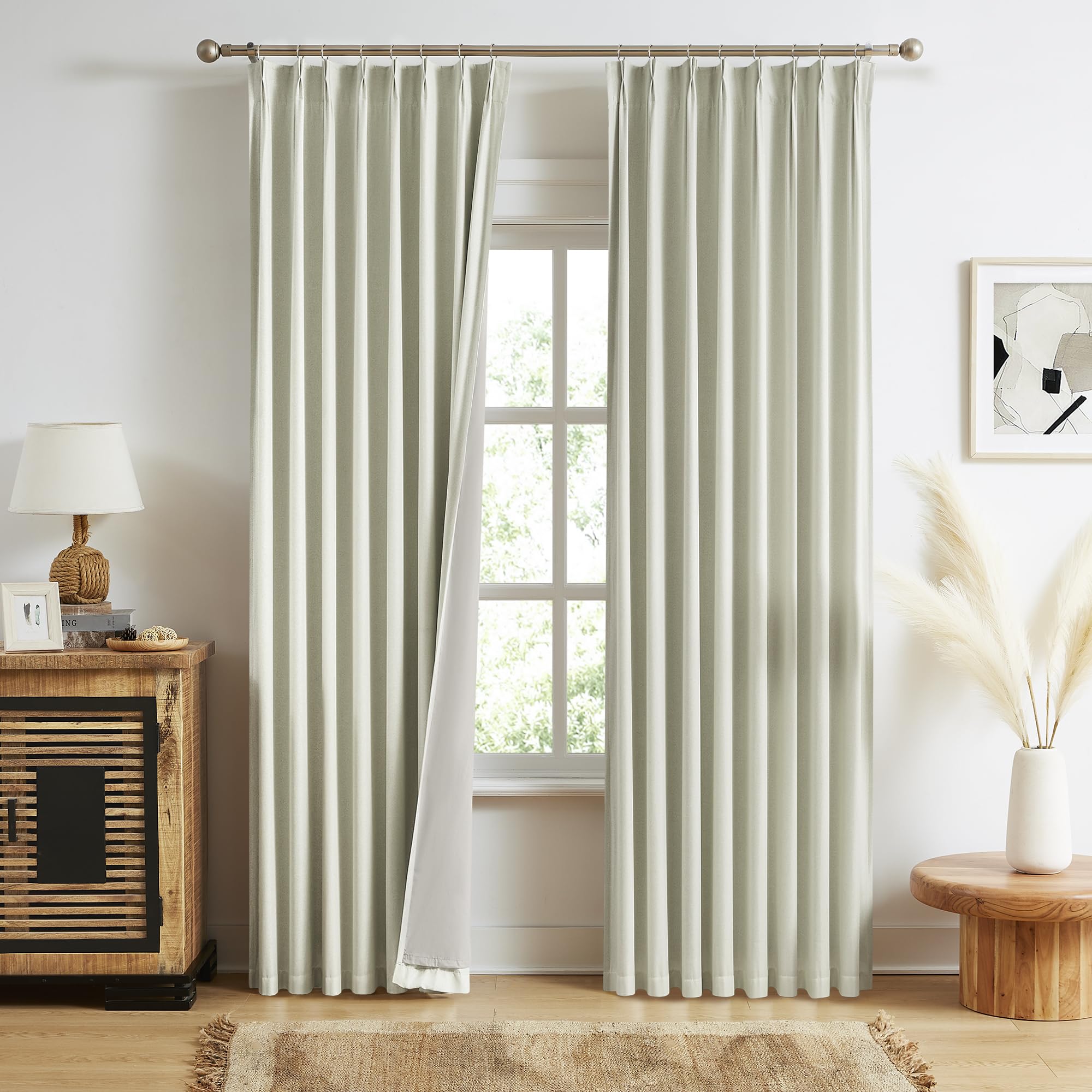MAIHER Full Blackout Pleated Drapes 96 Inch Length, Linen Textured Noise Reducing Light Blocking Back Tab Pinch Pleat Curtains for Light Sleepers, 50"