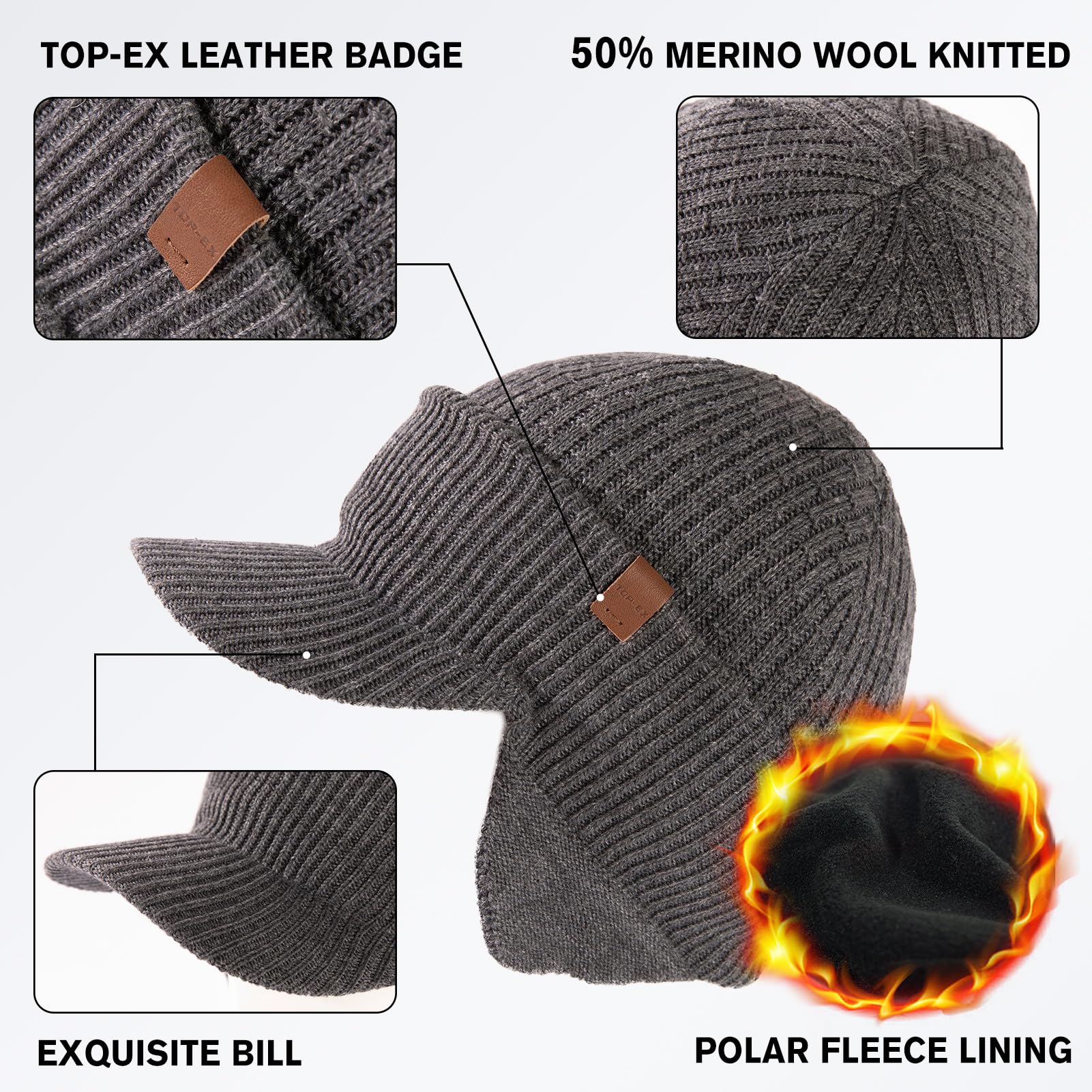 TOP-EX DryKnit™ - Gorro impermeable con 50 % lana merino, con orejeras, forro polar cálido para invierno, para clima frío