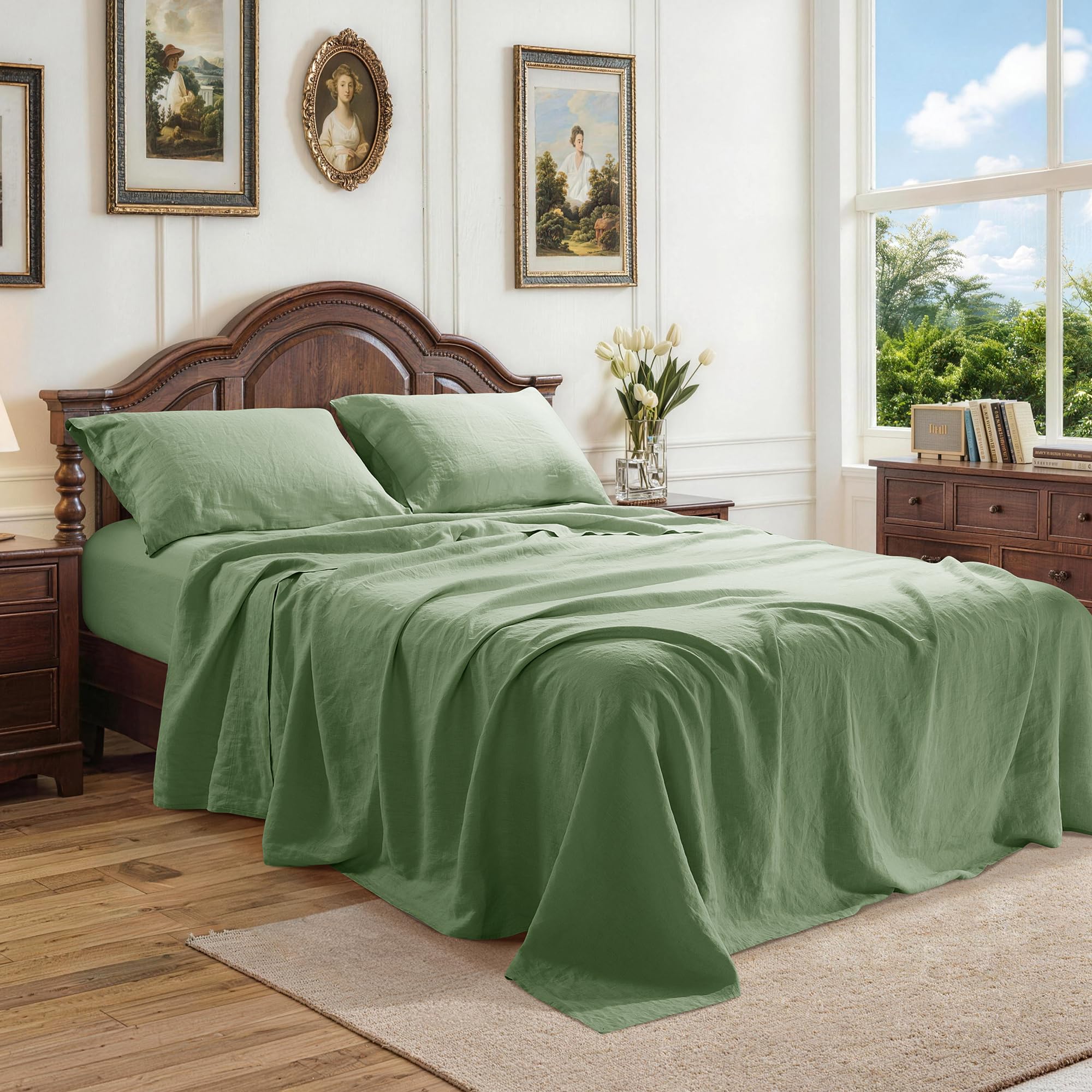 100% French Linen Sheet Set 4Pcs, 16” Deep Pocket Durable Bed Sheet Queen