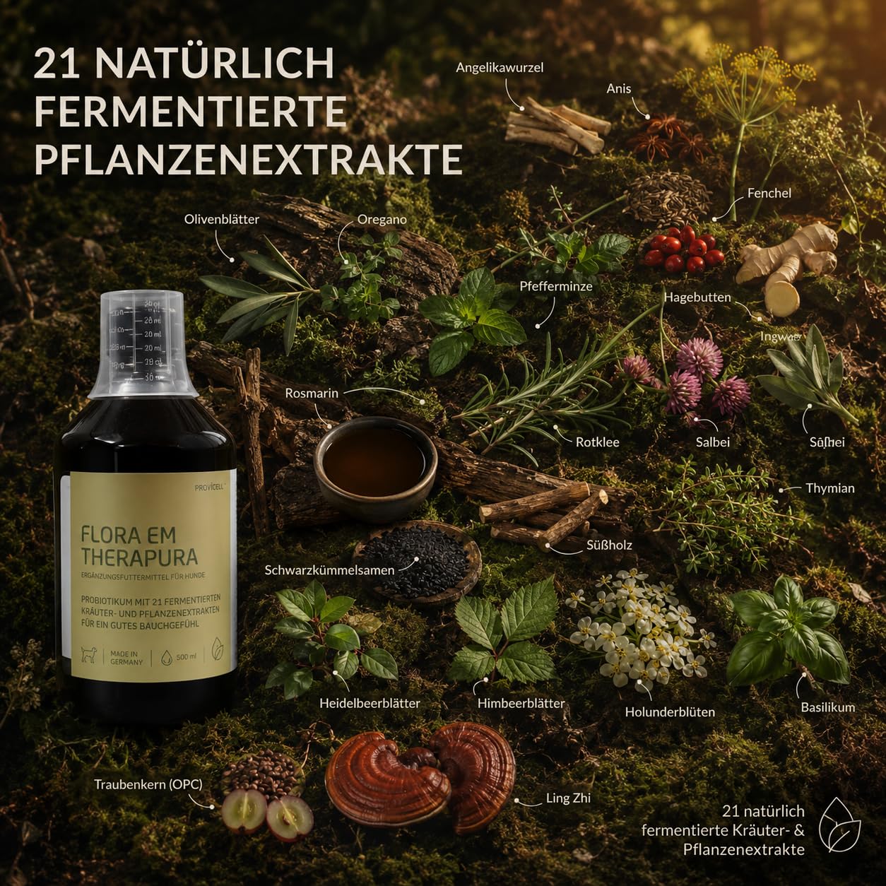 Flora EM Therapura Probiotique pour chien 500 ml liquide – Structure de la flore intestinale avec 21 herbes fermentées, micro-organismes et extraits de plantes – Digestion naturelle du chien