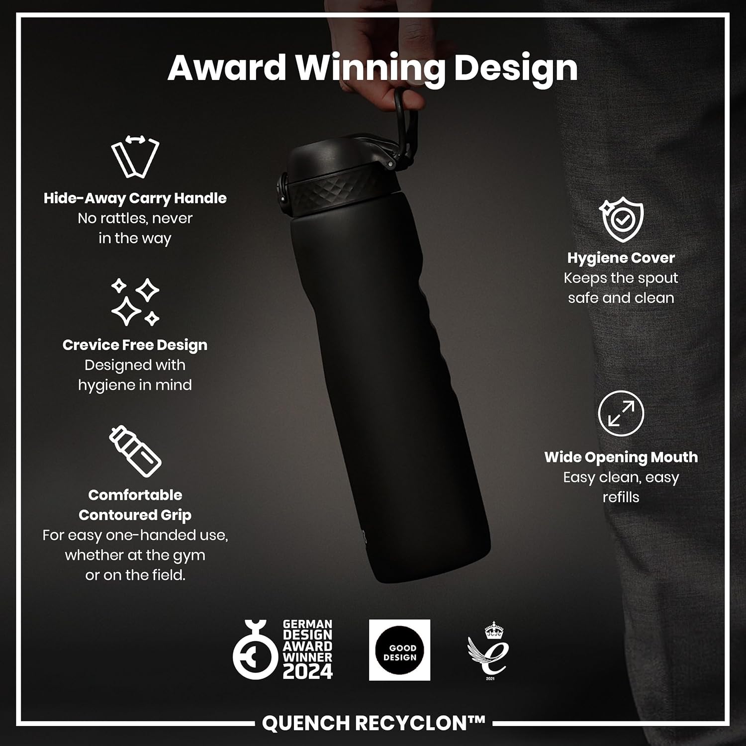 Ion8 1 Litre Water Bottle, Leak Proof, Flip Lid, Carry Handle, Rapid Liquid Flow, Dishwasher Safe, BPA Free, Soft Touch Contoured Grip, Ideal for Sports and Gym, Carbon Neutral, 32 oz, Black