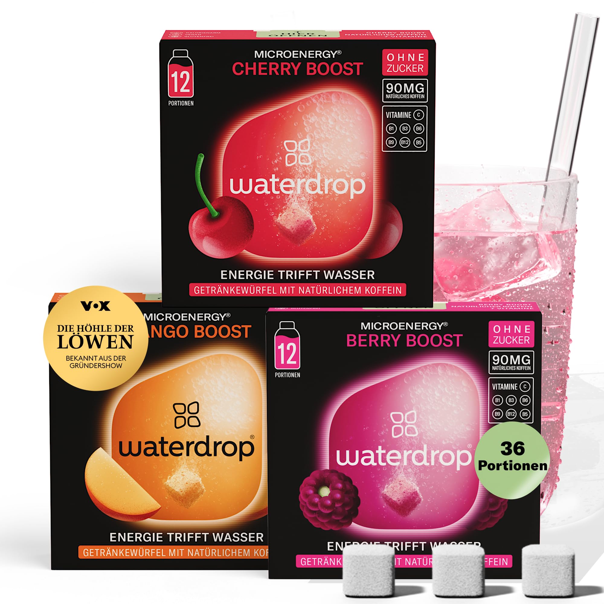 waterdrop® Microenergy Set, Energy Drink Pulver, 36 Würfel Getränkepulver, Mango, Kirsche & Brombeere Geschmack, Zuckerfrei & Kalorienarm, Mit 90 mg Natürlichem Koffein, Vitamin C & B – Flavour Drops