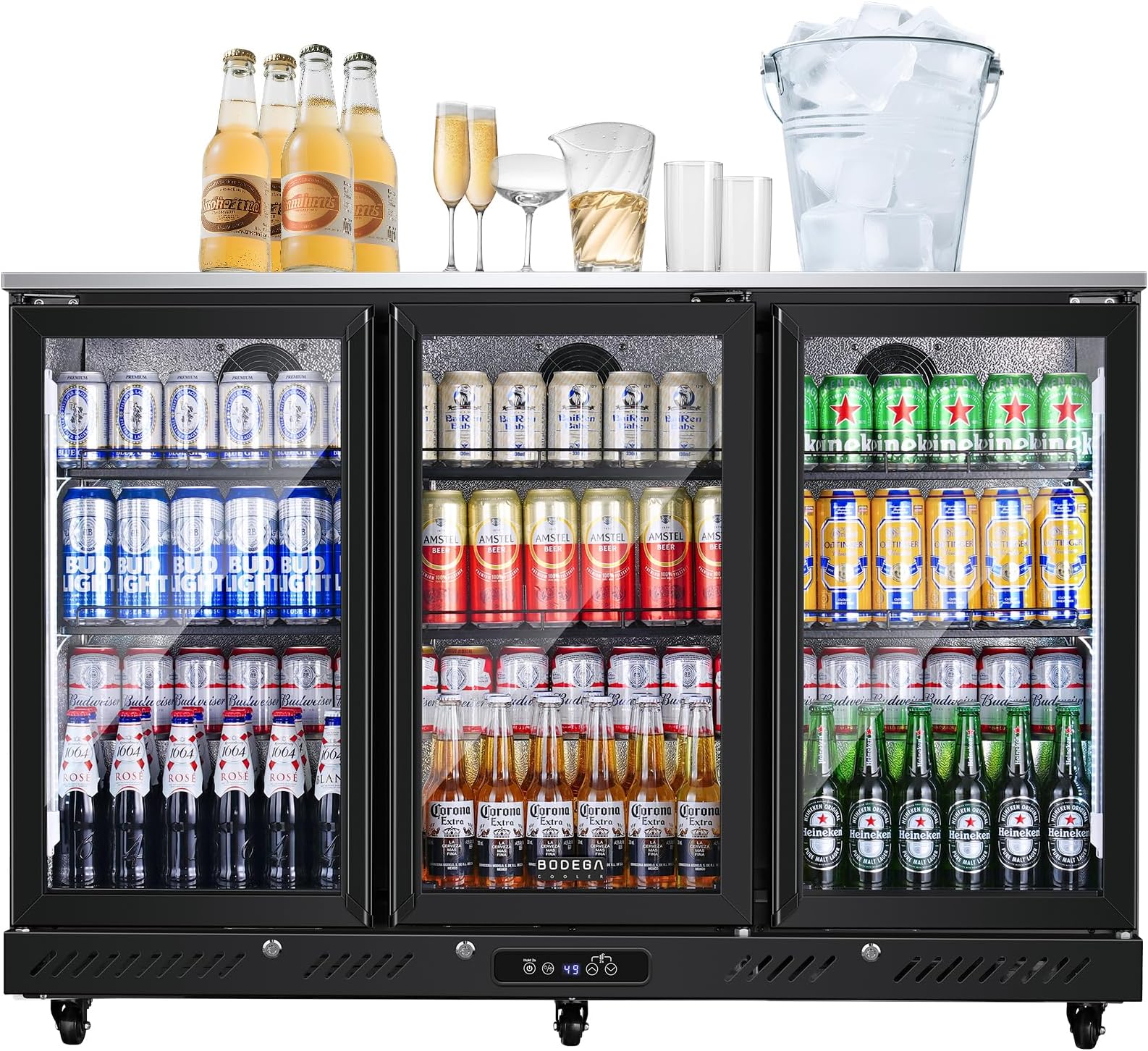 BODEGACOOLER Commercial Bar Cooler With 3 Glass Doors,12 Cu.Ft Counter Height Back Beverage Refrigerator,Display Bar Fridge with LED Lighting,Beverage Cooler for Beer Stainless Steel Top,With Casters