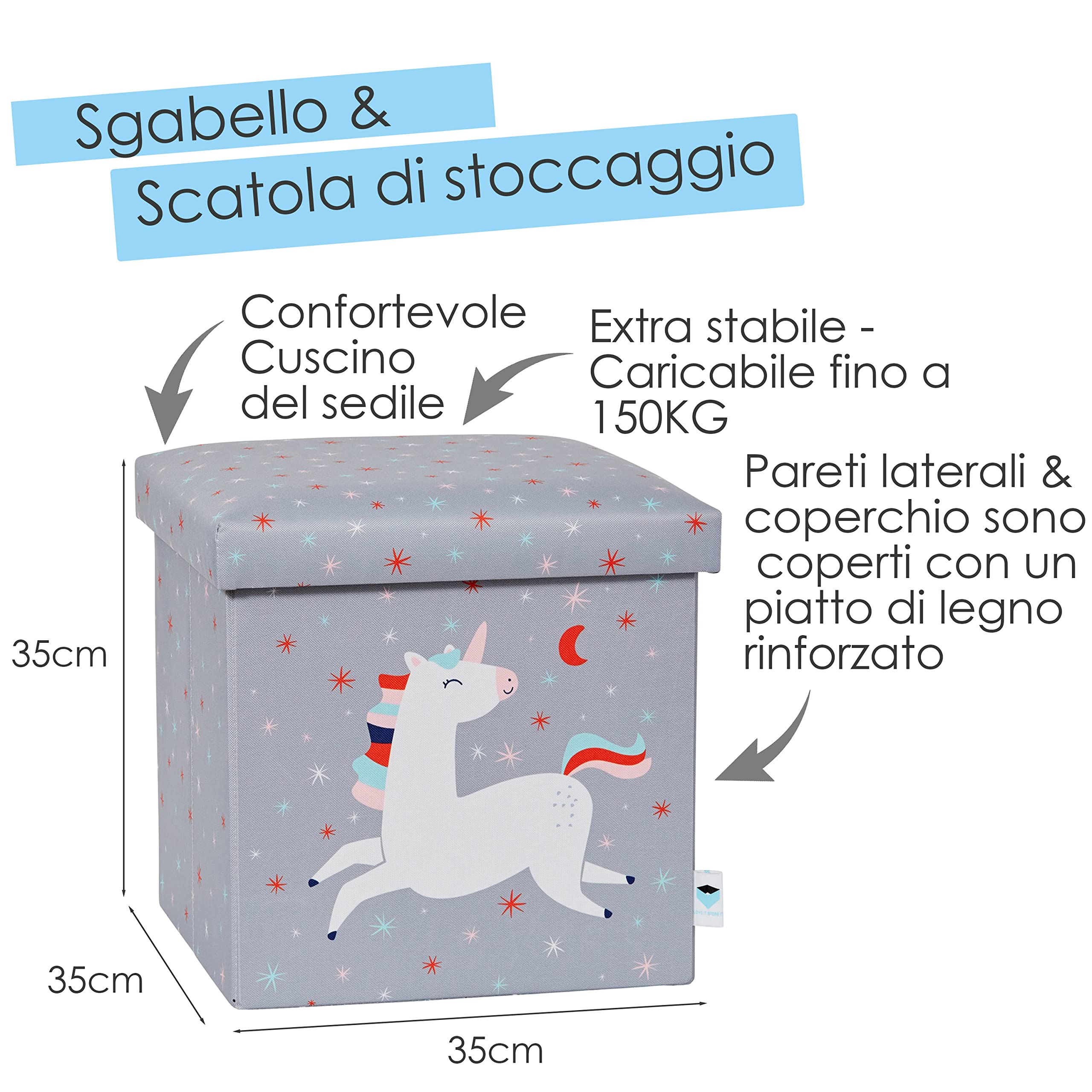 LOVE IT STORE IT - Pouf Contenitore Bambini Ultra Resistente Pieghevole Rinforzi Legno - 35x35x35cm - Fantasia Unicorno Grigio